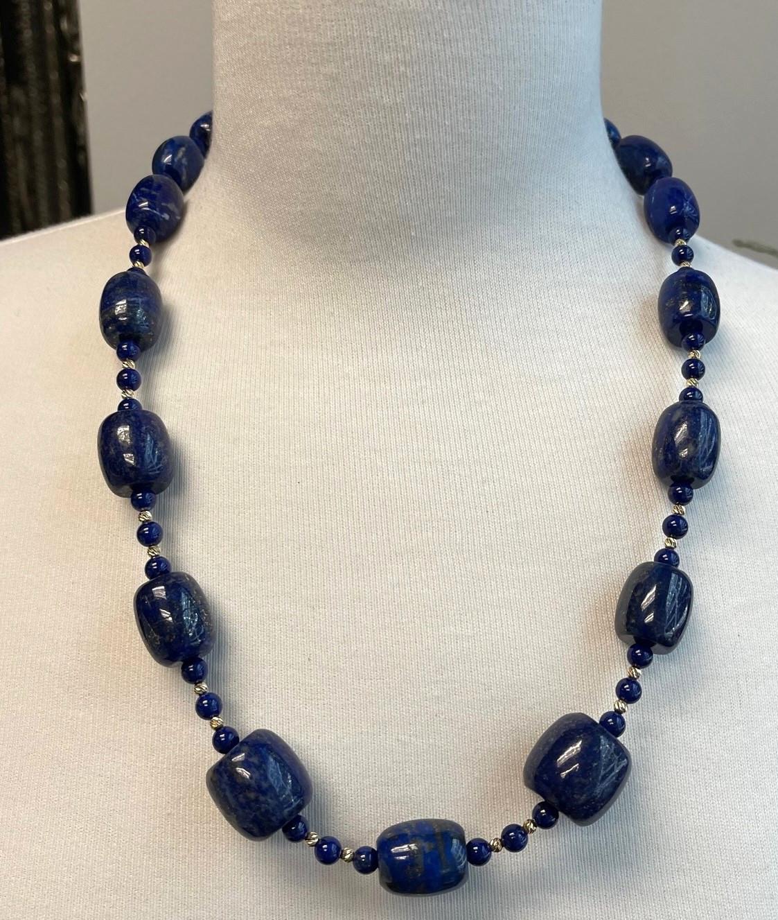 Barrel Shaped Lapis Lazuli Beaded Necklace with Yellow Gold Accents, 24 Inches For Sale 2