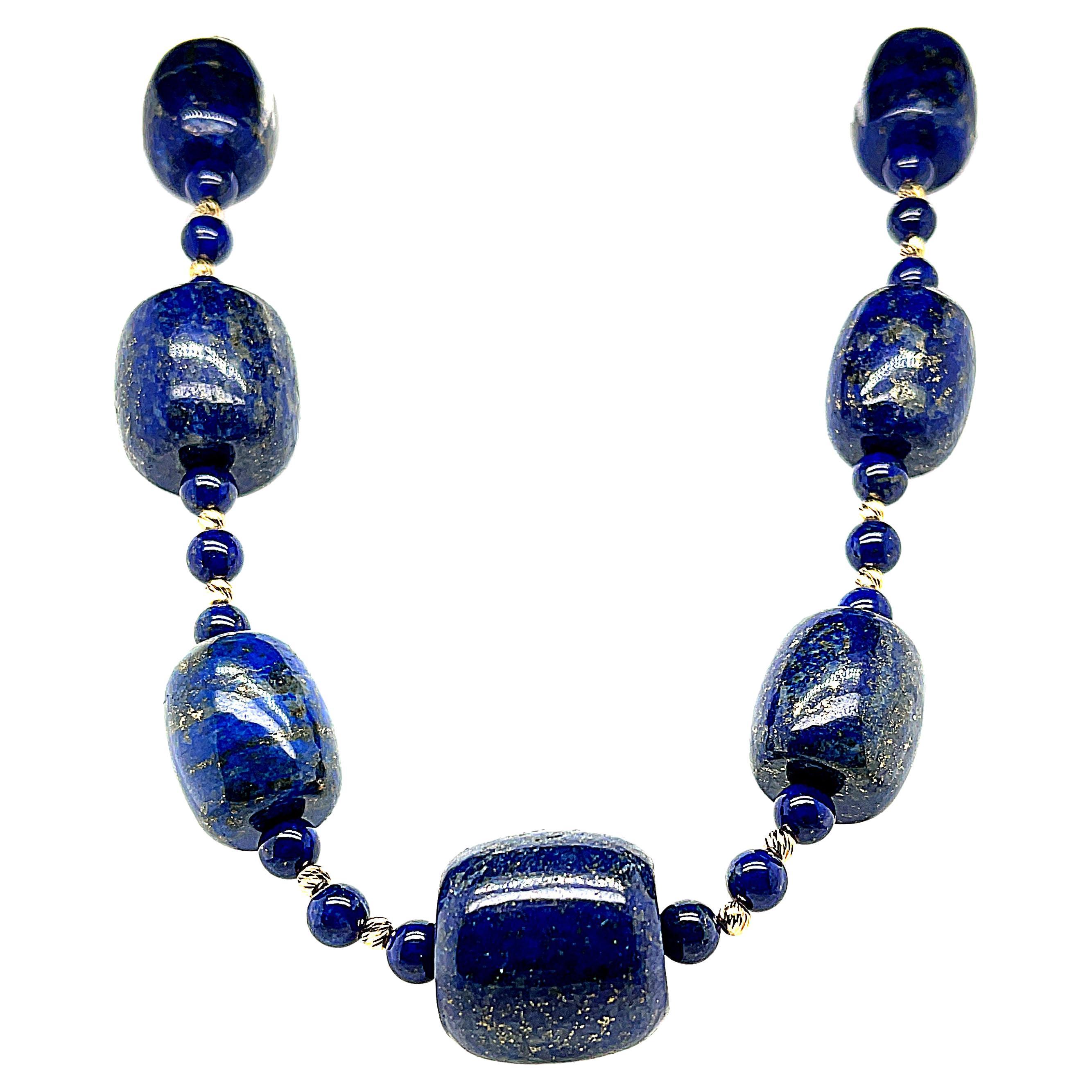 Barrel Shaped Lapis Lazuli Beaded Necklace with Yellow Gold Accents, 24 Inches For Sale