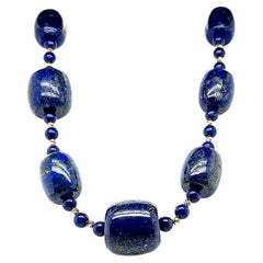 Barrel Shaped Lapis Lazuli Beaded Necklace with Yellow Gold Accents