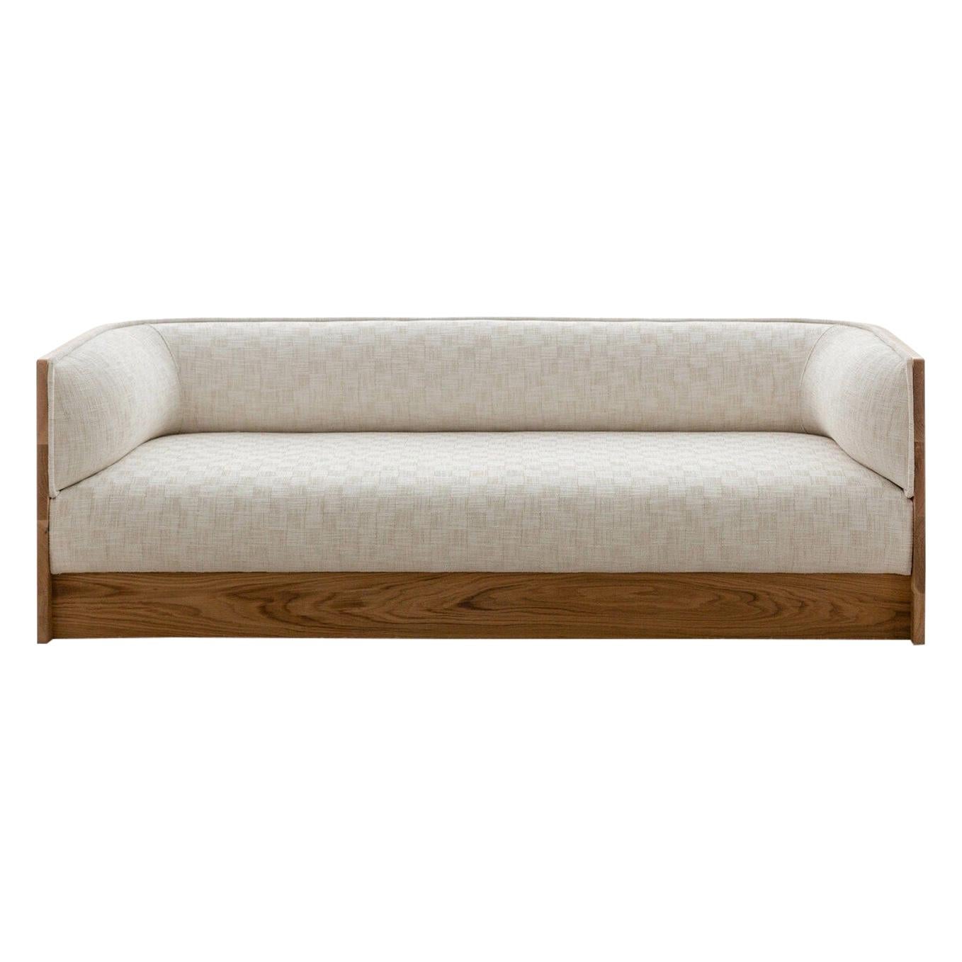 Barrel Sofa in American Oak and Chenille Yarn, 3-Seat For Sale