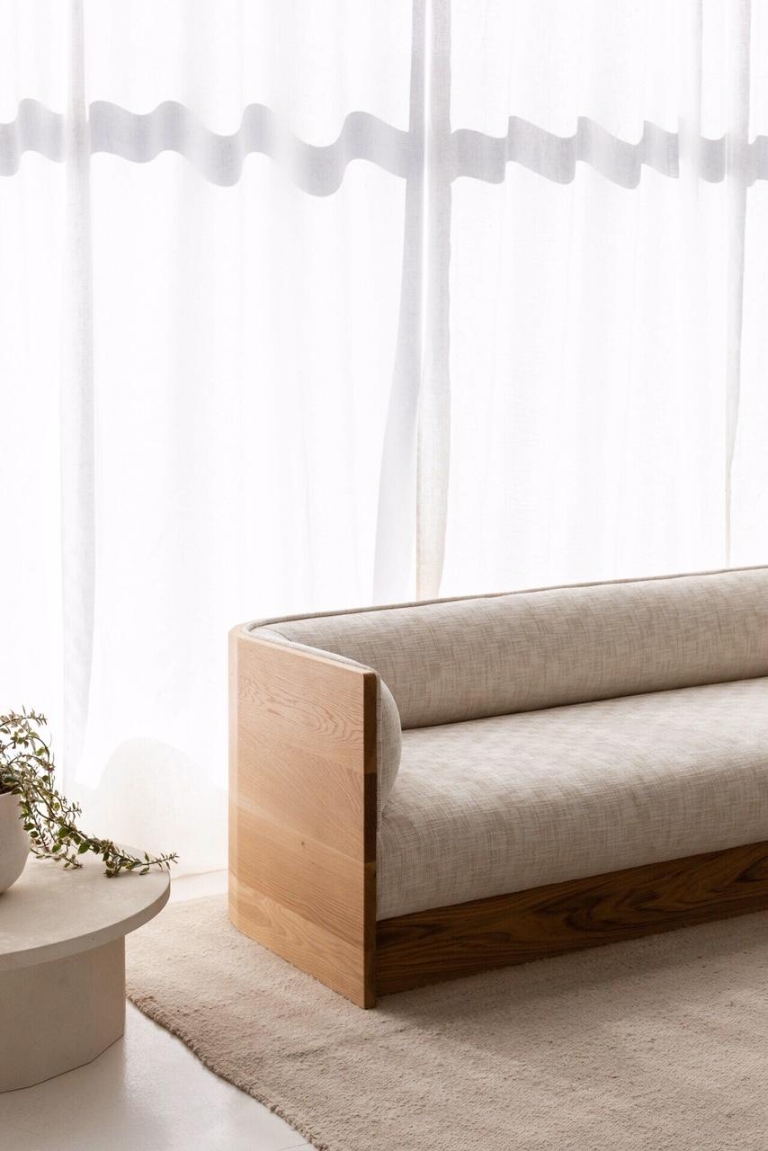 Australian Barrel Sofa in American Oak and Chenille Yarn, 3-Seat For Sale
