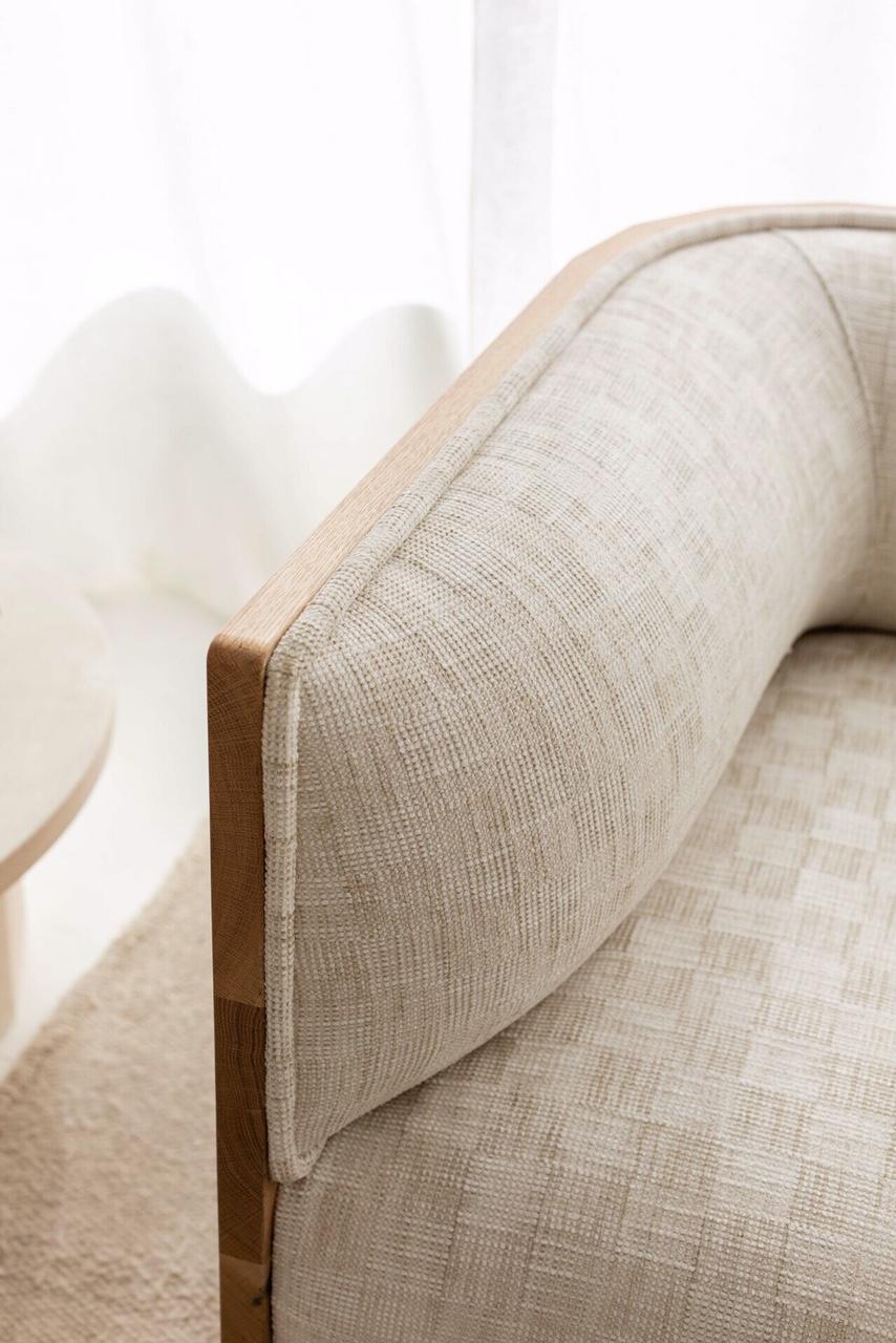 Contemporary Barrel Sofa in American Oak and Chenille Yarn, 3-Seat For Sale