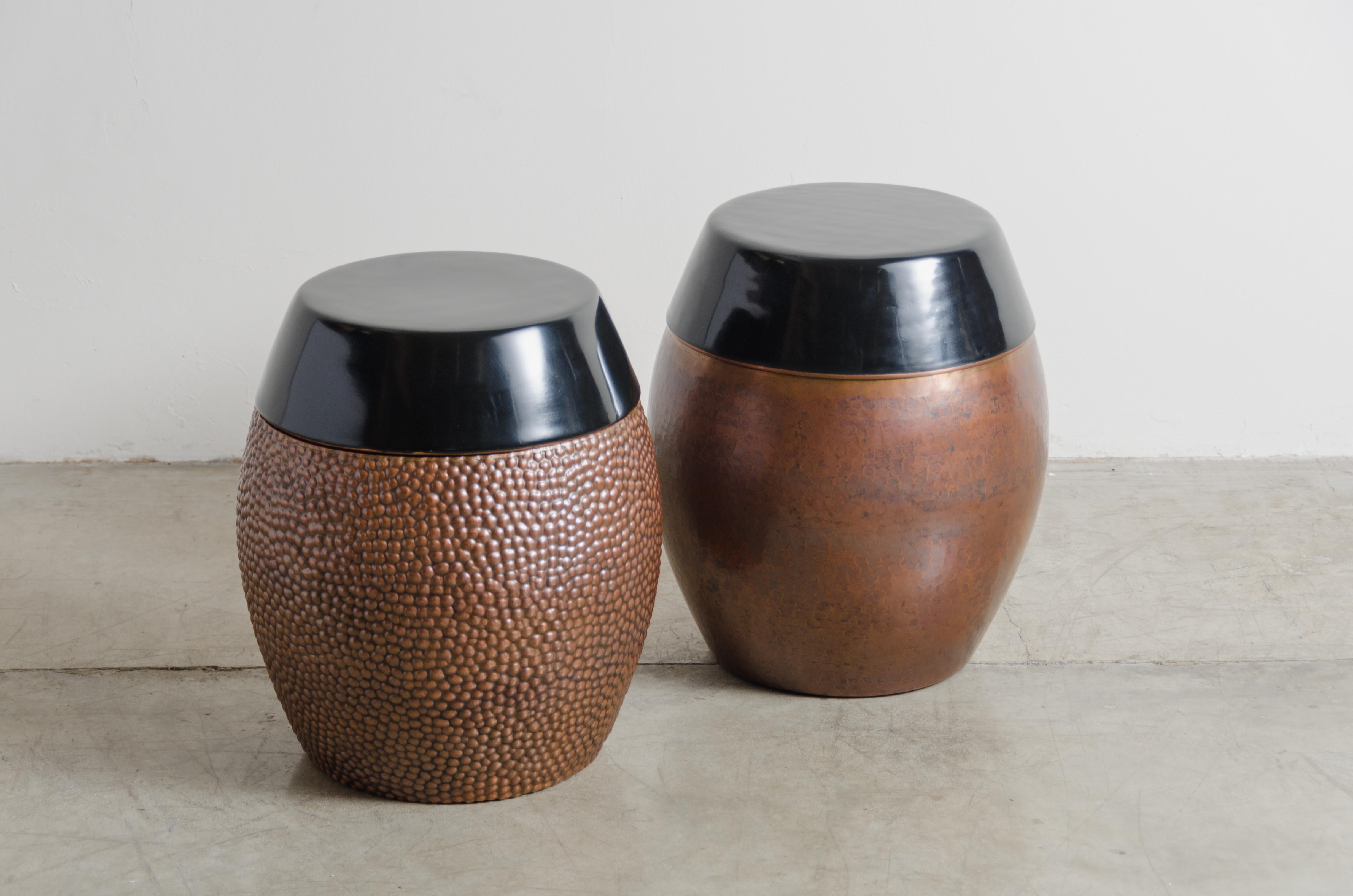 Contemporary Barrel Storage Drumstool, Antique Copper and Black Lacquer by Robert Kuo For Sale