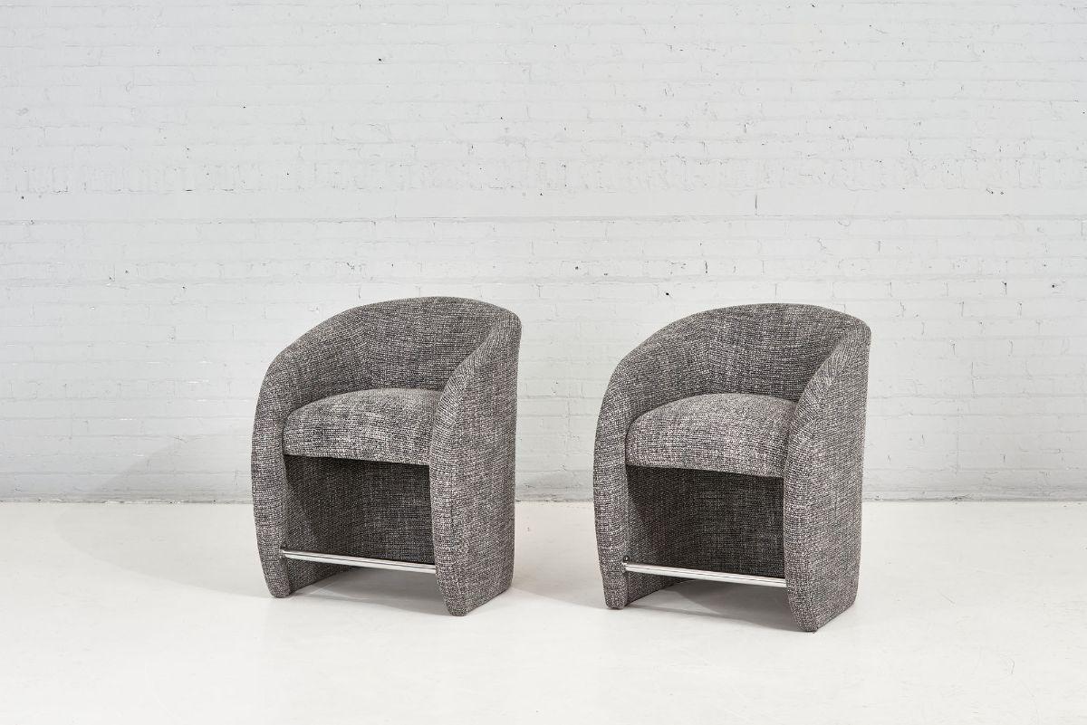 Barrell chair counter stools post modern preview, 1990. Newly upholstered in black and white woven tweed complimenting the brushed stainless foot bar.
