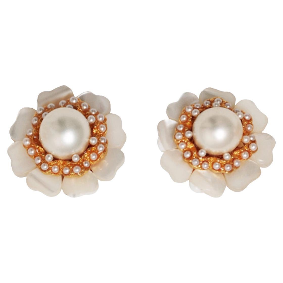 Barrera 1990s Pearlescent Floral Clip on Earrings For Sale
