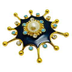BARRERA AVON massive gold faux pearl turquoise enamel designer brooch pendant