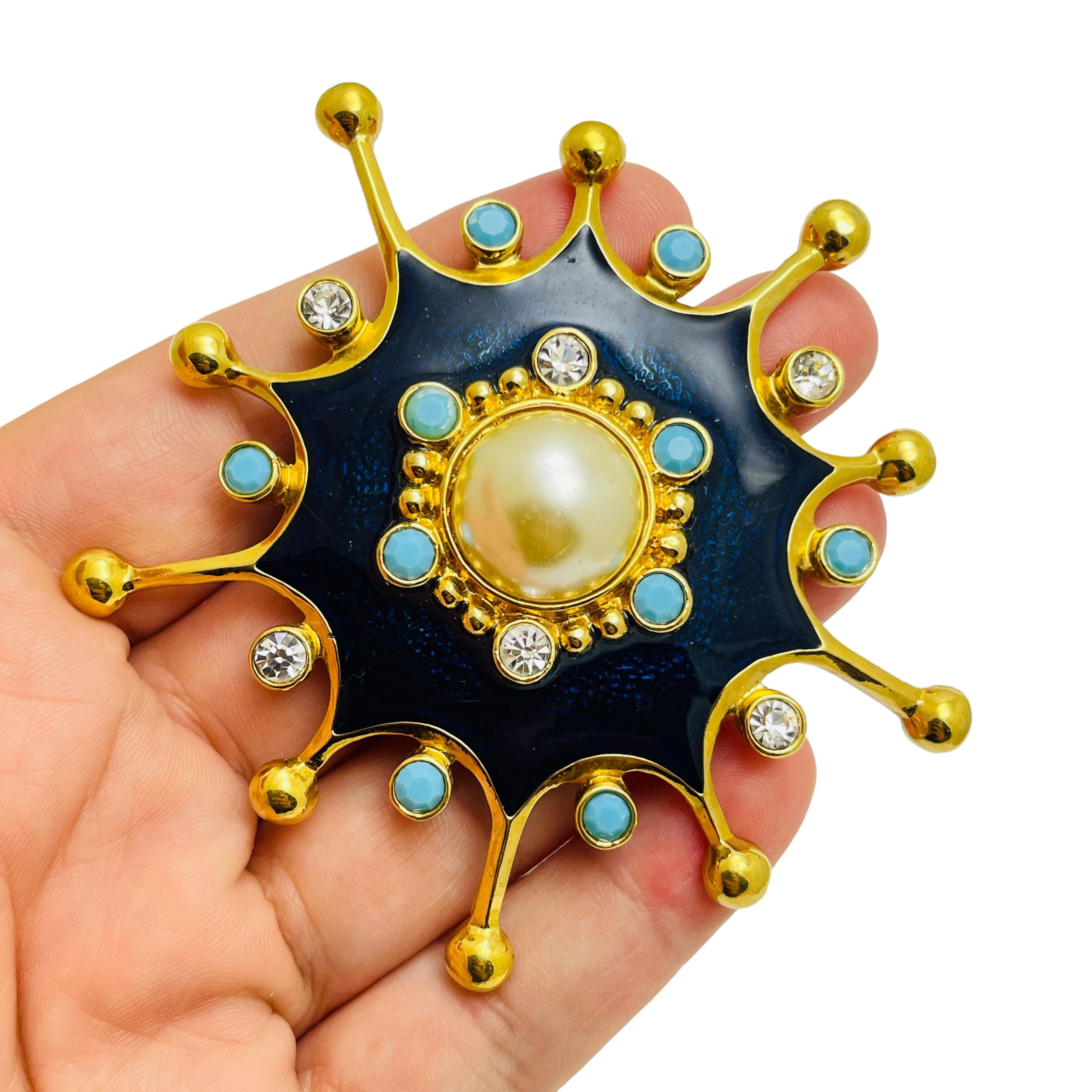 Women's BARRERA AVON massive gold faux pearl turquoise enamel designer brooch pendant For Sale