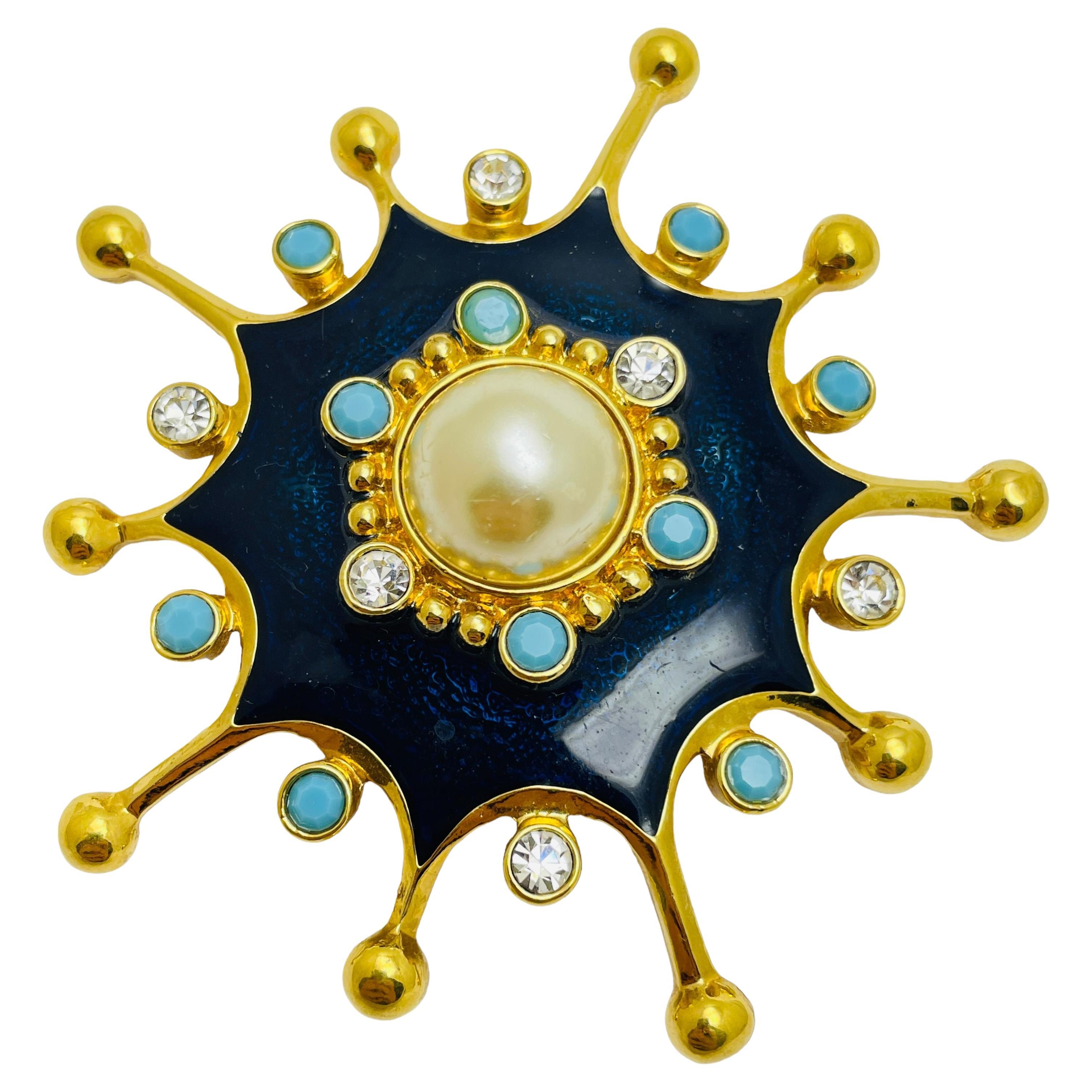 BARRERA AVON massive gold faux pearl turquoise enamel designer brooch pendant For Sale