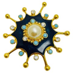 BARRERA AVON Pendentif broche design en or massif, fausse perle, émail turquoise