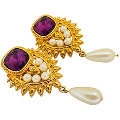 BARRERA for AVON signed gold amethyst pearls designer runway clip on earrings