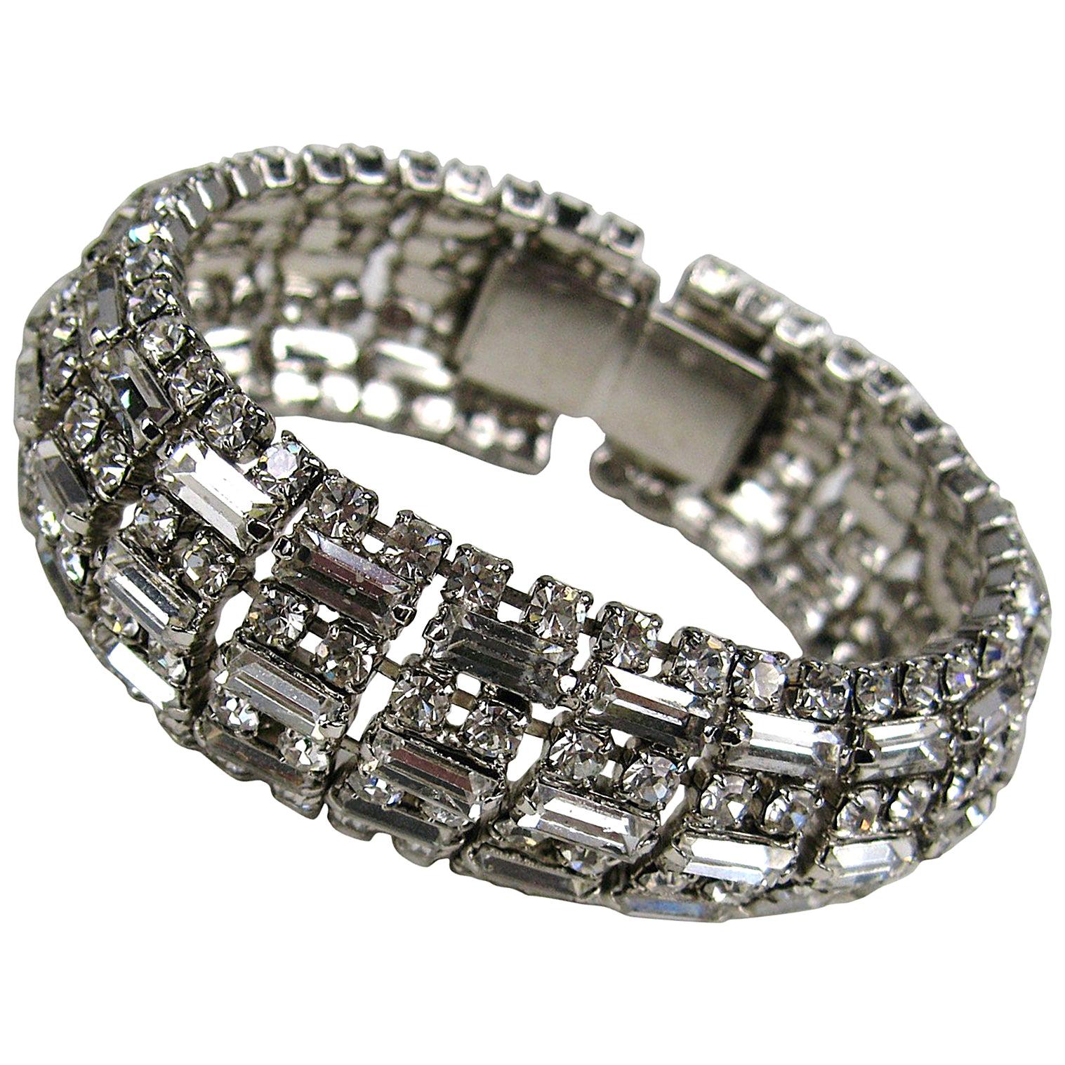 BARRERA Wide Silver Bracelet Crystal 1990s For Sale