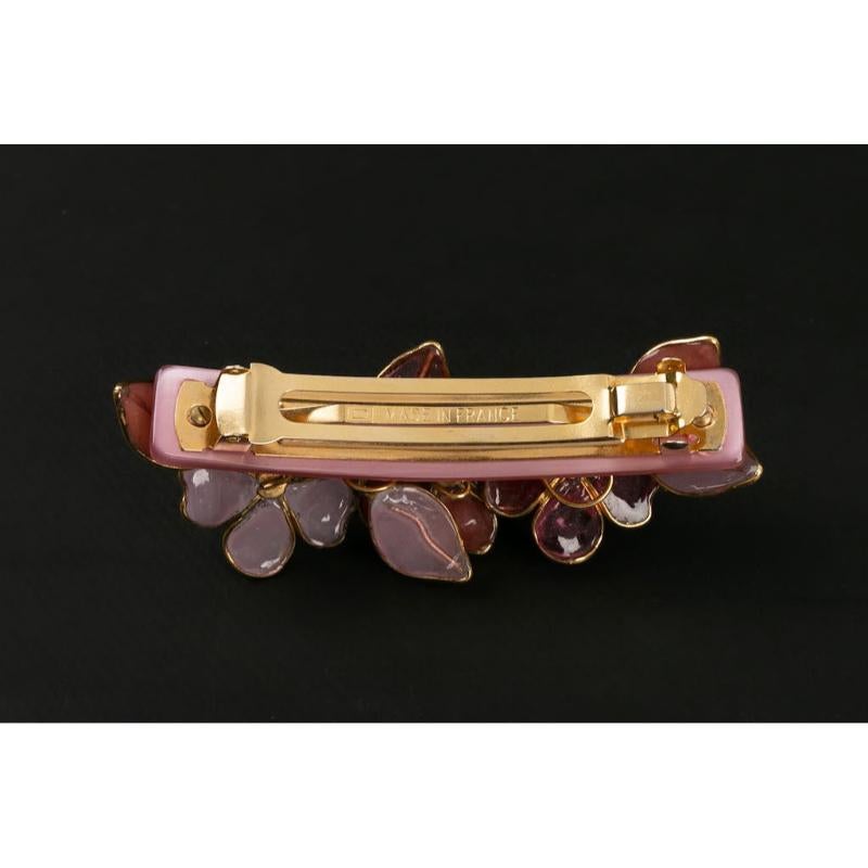 Barrette in Golden Metal and Pink Glass Paste In Excellent Condition For Sale In SAINT-OUEN-SUR-SEINE, FR