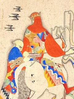 "Barrhas the Bird Catcher, " Masterful Art Deco Painting in Orange, Blue & Yellow