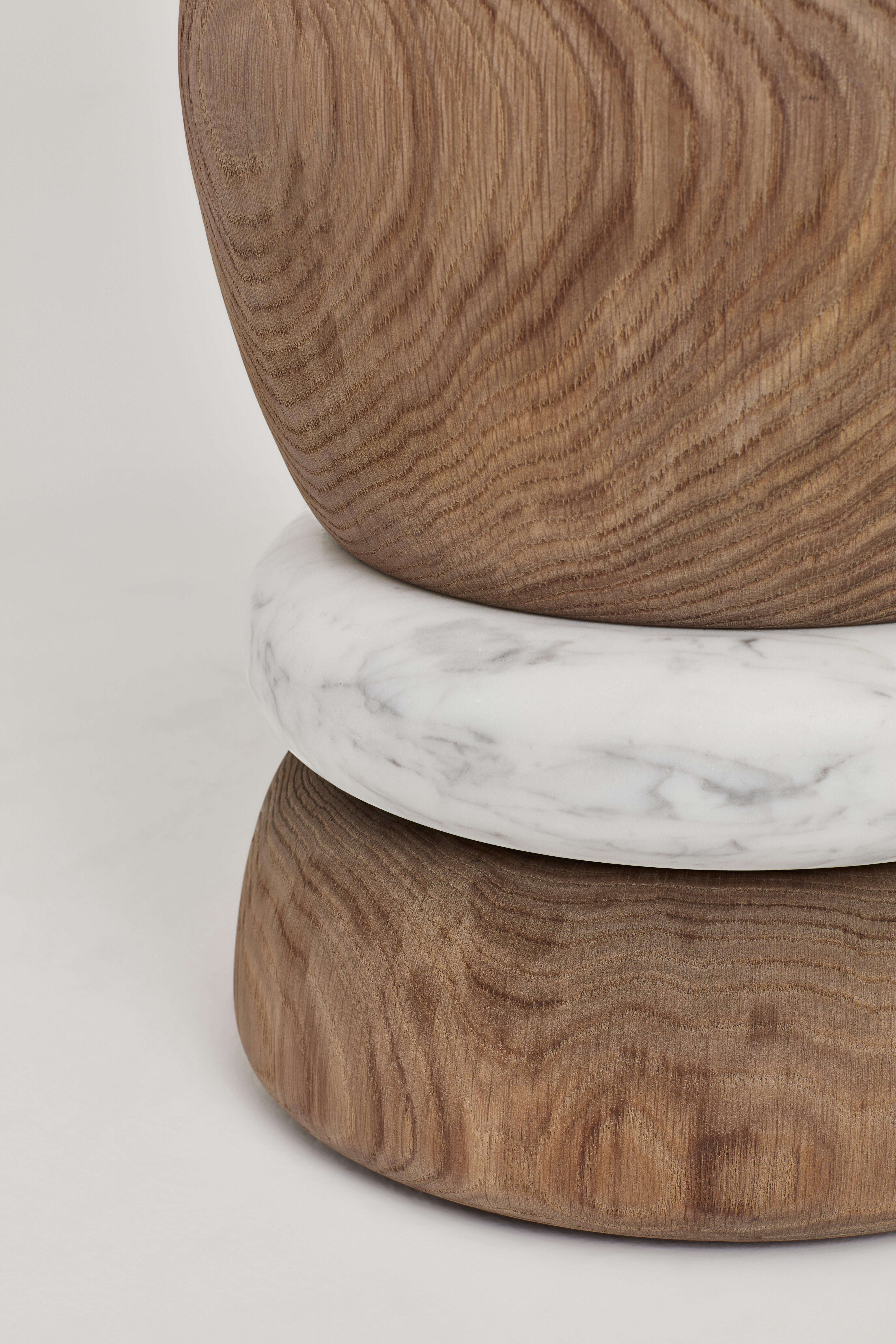 French Barri stools, White Carrara marble, oak wood For Sale