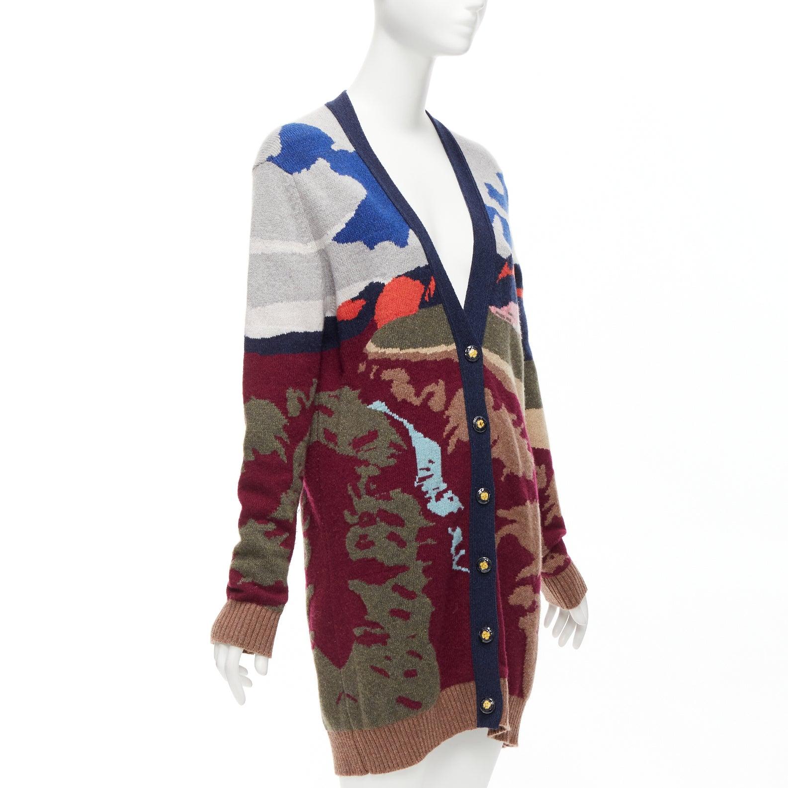 BARRIE 100% Kaschmir farbenfrohe Landschafts-Intarsien tiefe V lange S Strickjacke im Zustand „Hervorragend“ im Angebot in Hong Kong, NT