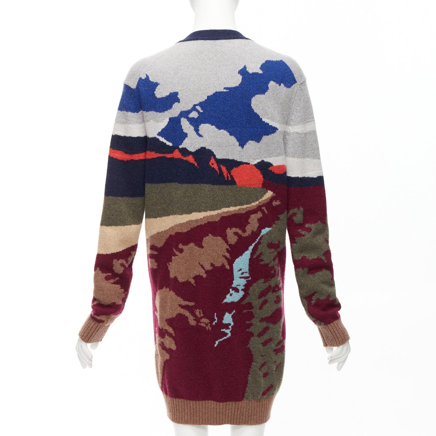 BARRIE 100% Kaschmir farbenfrohe Landschafts-Intarsien tiefe V lange S Strickjacke im Angebot 1
