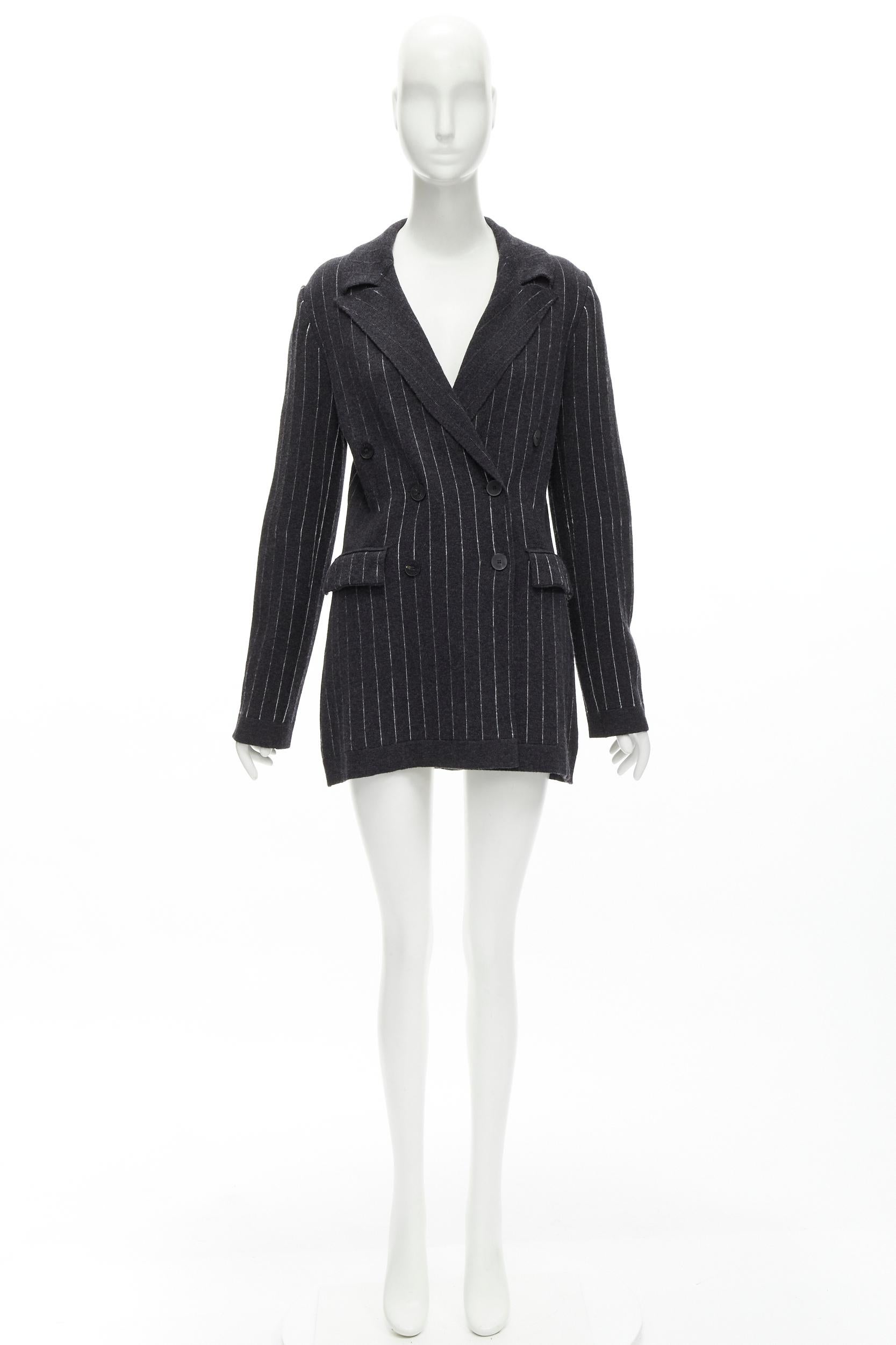BARRIE 100% pure cashmere dark grey pinstriped double breasted blazer cardigan S For Sale 5