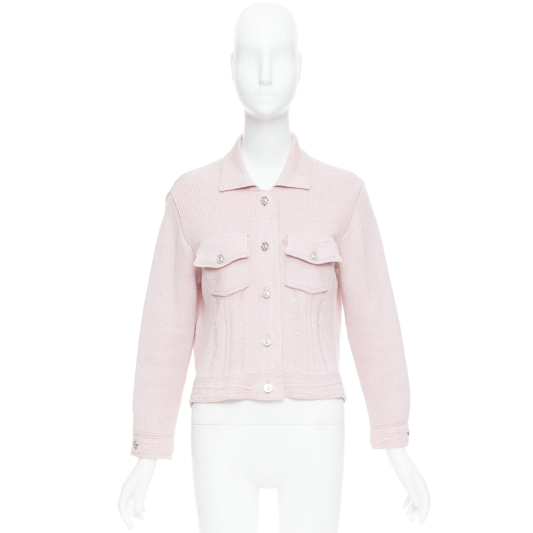 BARRIE baby pink cashmere cotton topstitched pocketed cardigan L For Sale 6