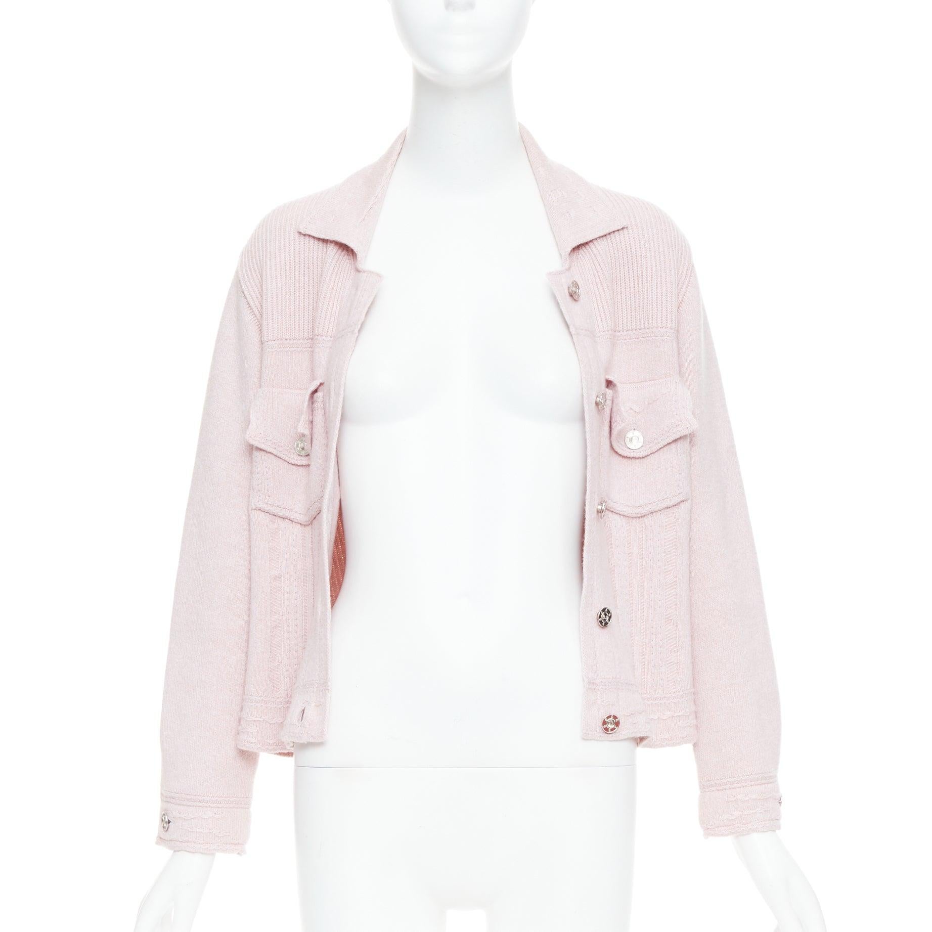 BARRIE baby pink cashmere cotton topstitched pocketed cardigan L In Excellent Condition For Sale In Hong Kong, NT