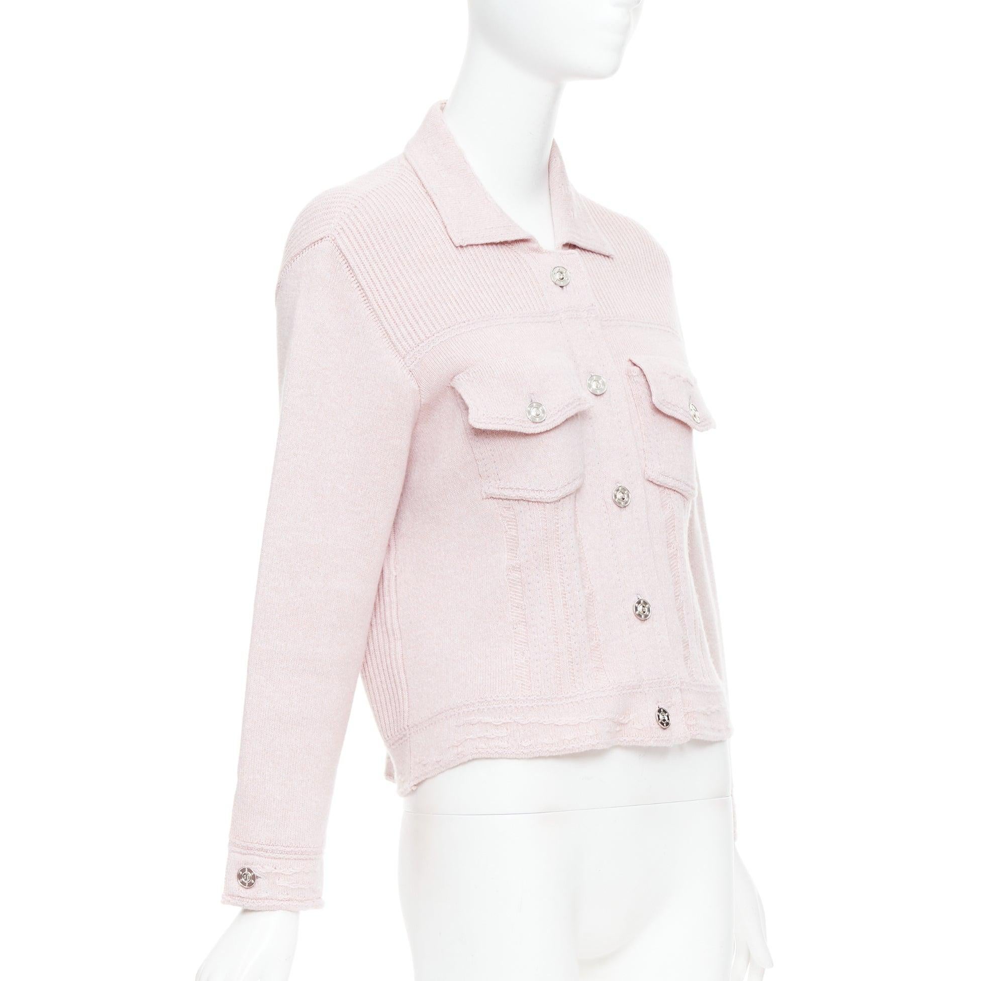 Women's BARRIE baby pink cashmere cotton topstitched pocketed cardigan L For Sale