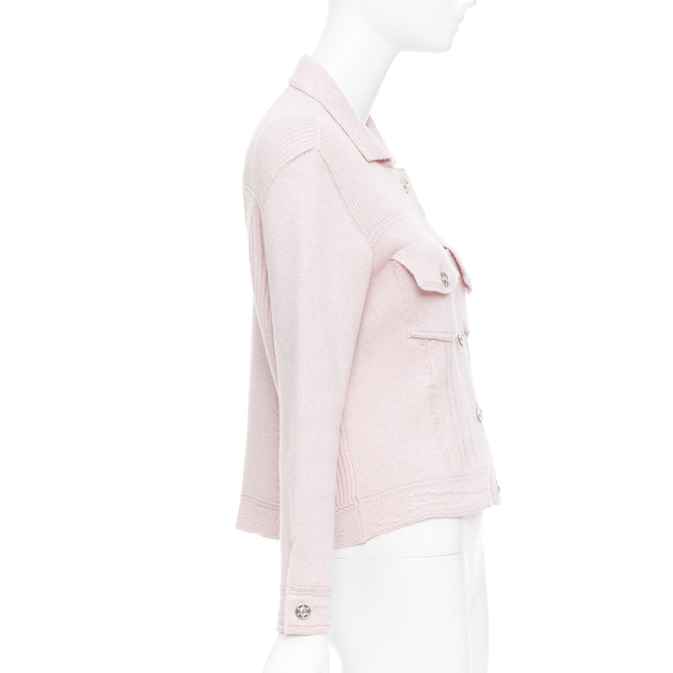 BARRIE baby pink cashmere cotton topstitched pocketed cardigan L For Sale 1