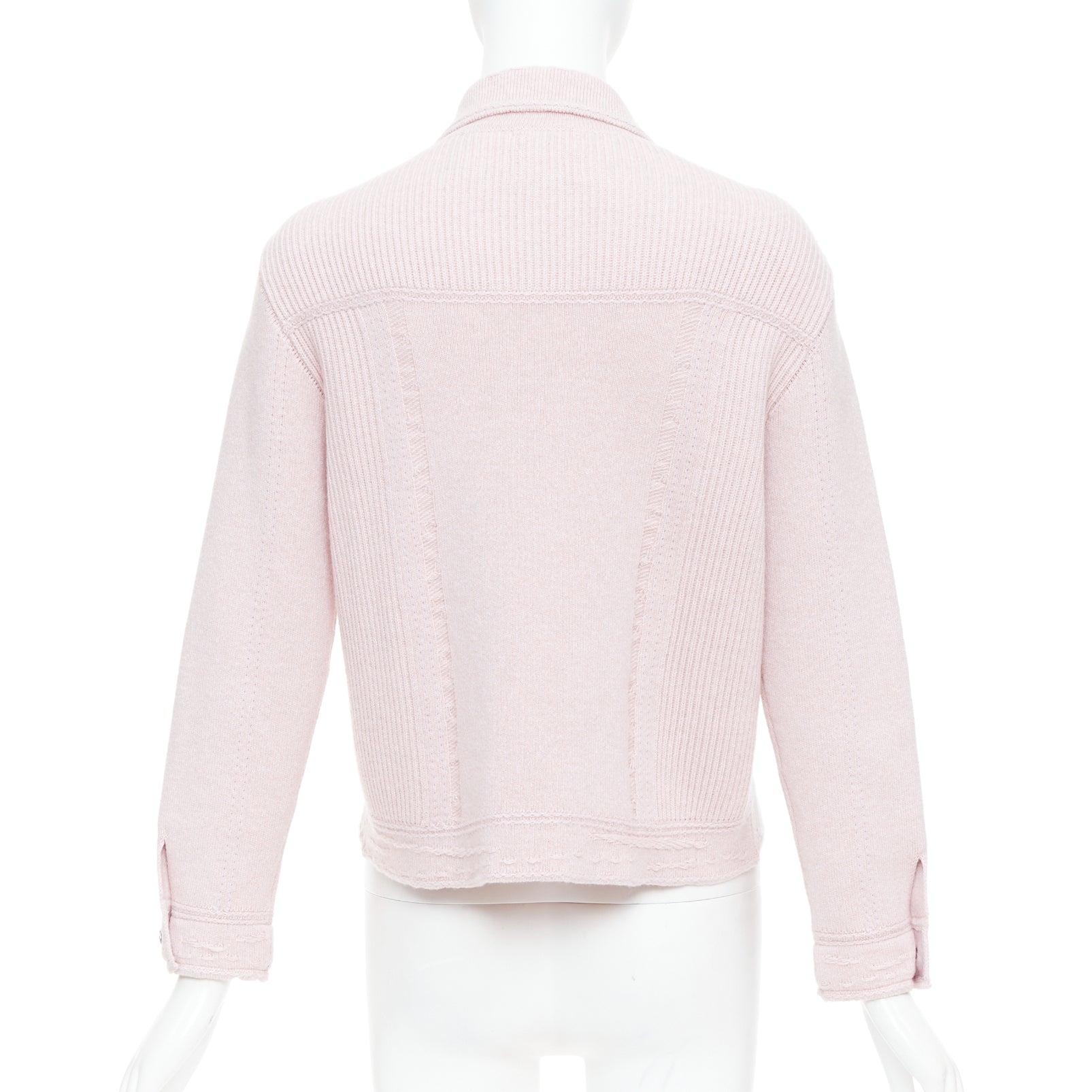 BARRIE baby pink cashmere cotton topstitched pocketed cardigan L For Sale 2