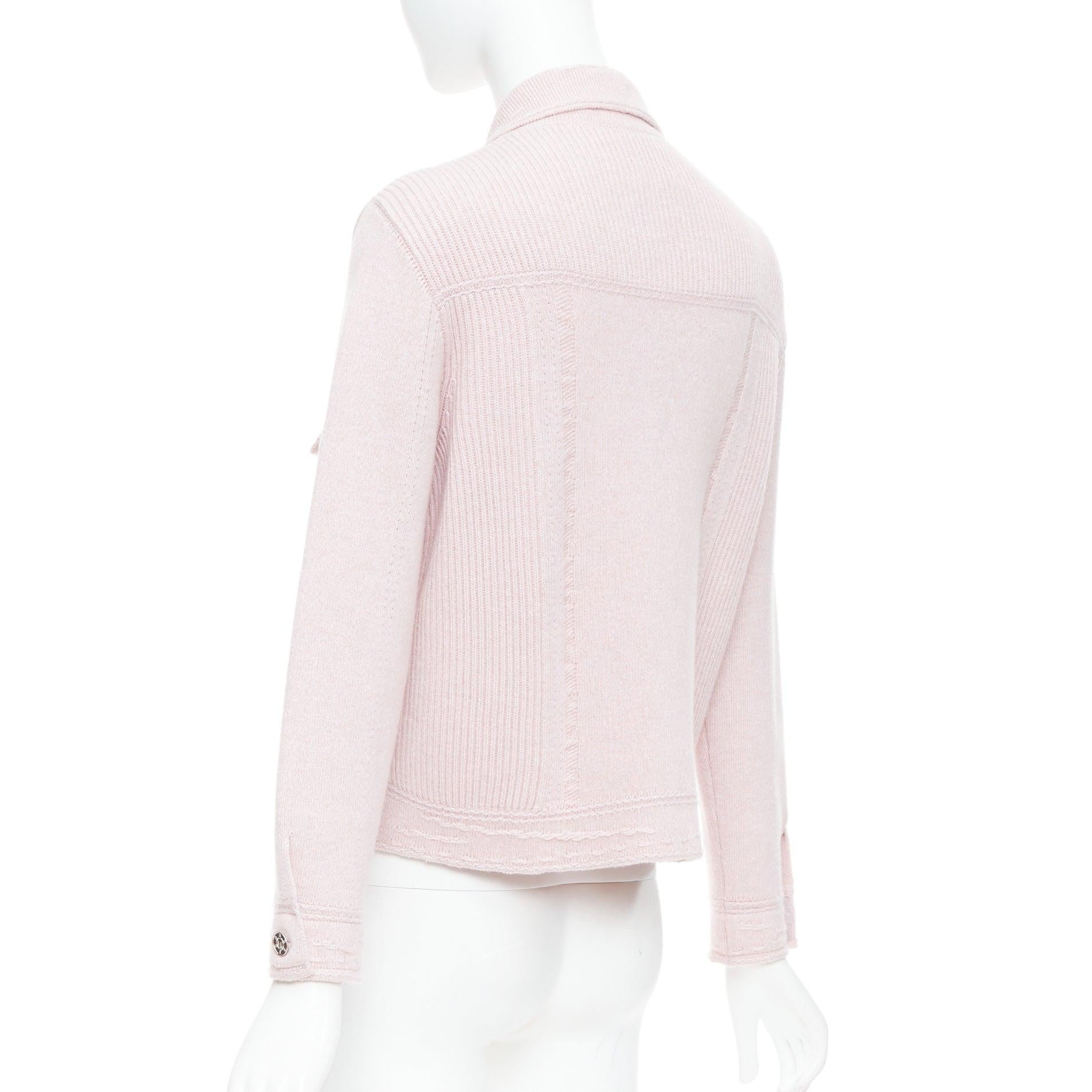 BARRIE baby pink cashmere cotton topstitched pocketed cardigan L For Sale 3