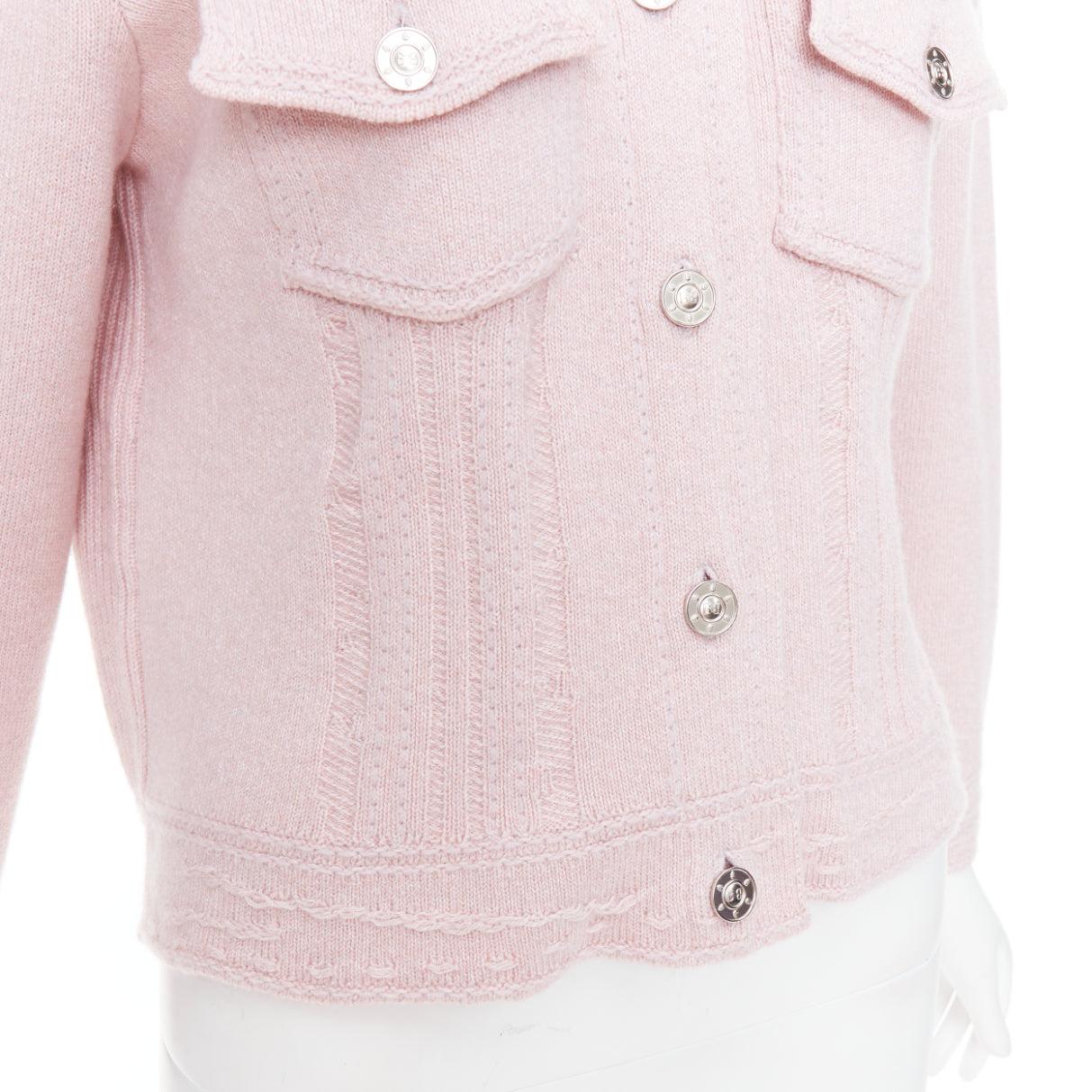 BARRIE baby pink cashmere cotton topstitched pocketed cardigan L For Sale 4