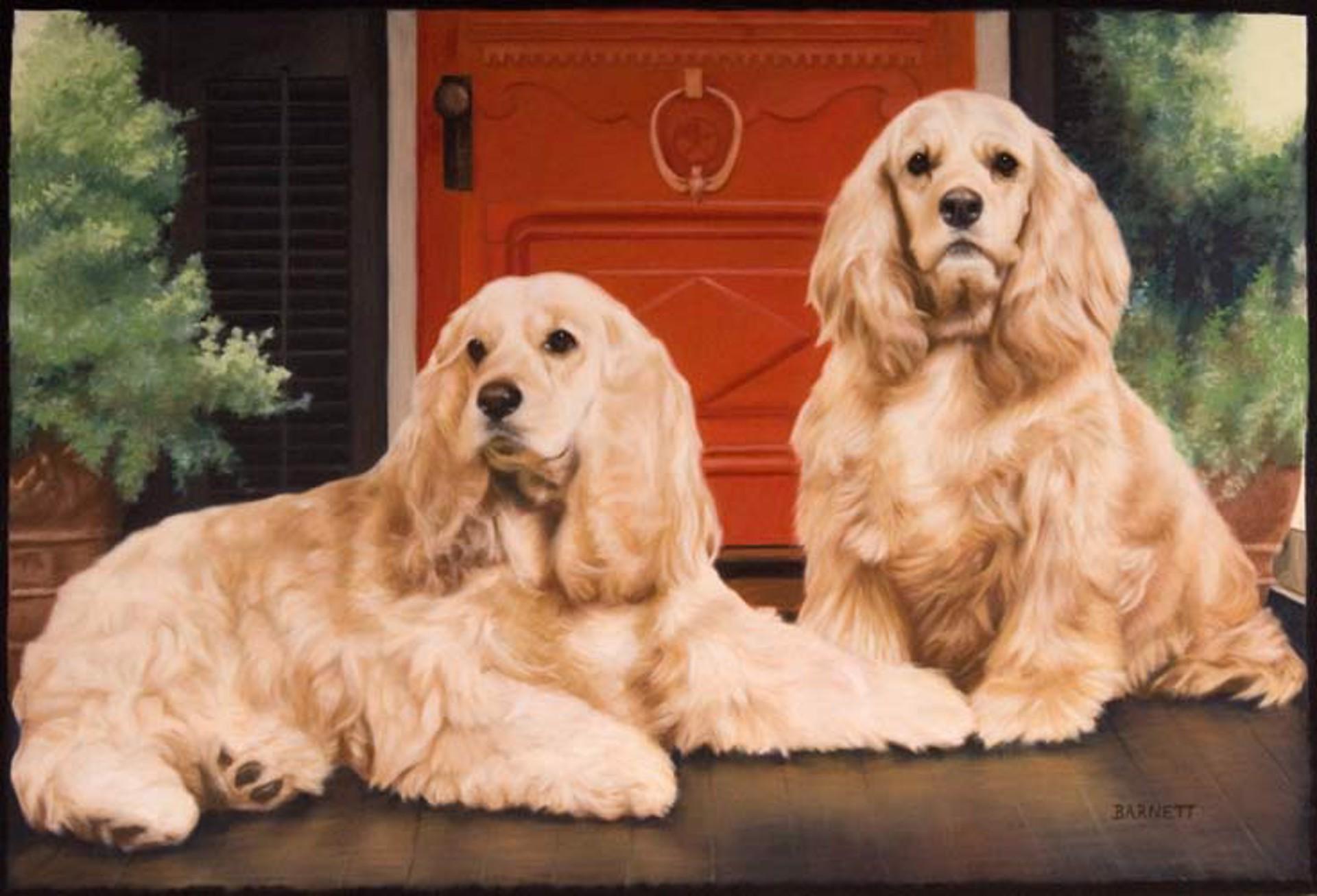 Cocker Spaniels, pastel of dogs sitting patiently on the front porch 