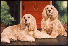 Antique Cocker Spaniels, pastel of dogs sitting patiently on the front porch 