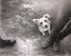 Pick of the Litter, a charming black and white charcoal of terrier and boots