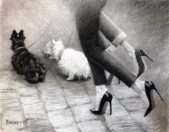 Showtime, a slick black and white charcoal Scottish Terriers dogs in a cityscape