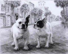 Talk of the Town, a  black and white charcoal of French Bulldogs in cityscape