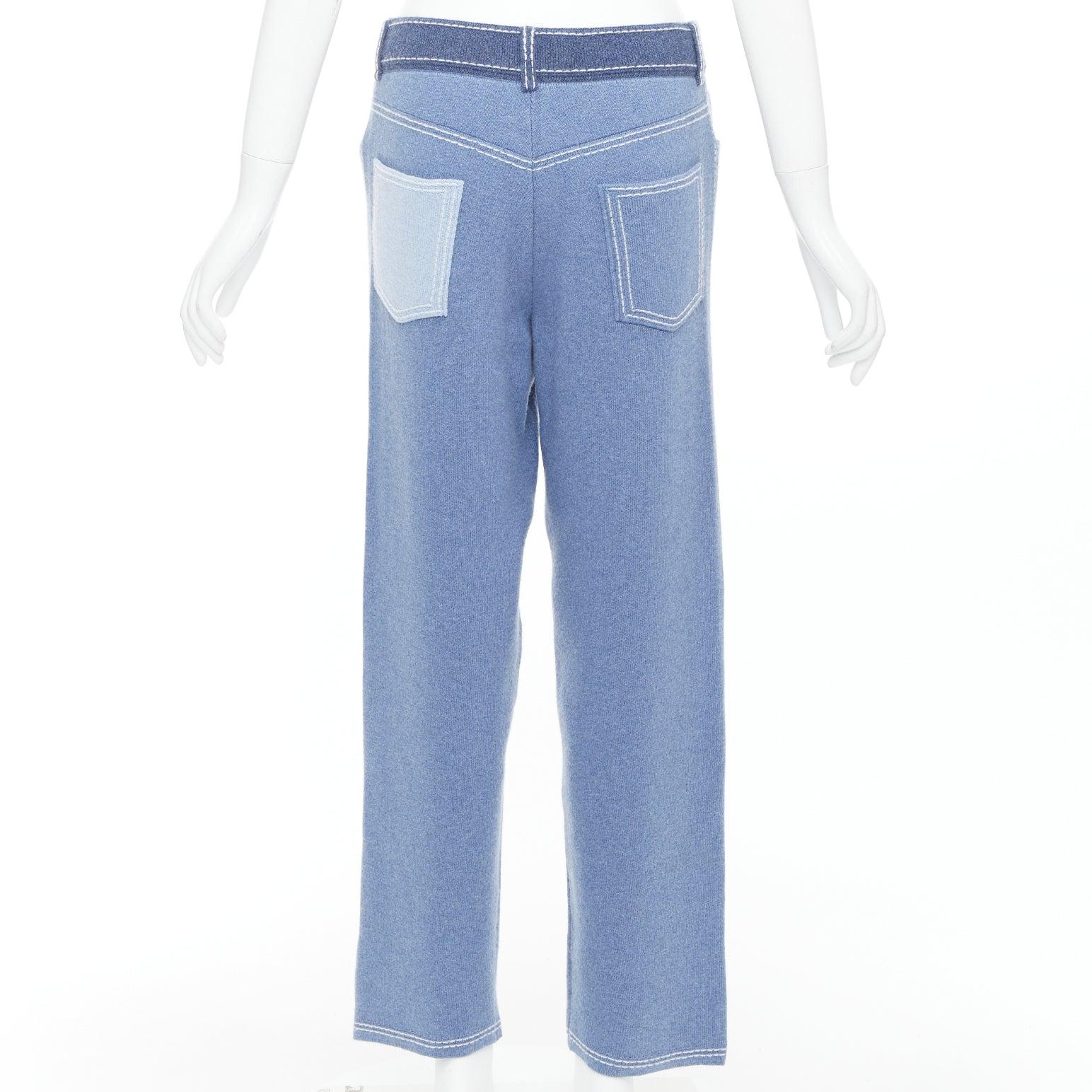 BARRIE cashmere cotton blue trompe loeil white topstitch knitted pants M
Reference: KNLM/A00352
Brand: Barrie
Material: Cashmere, Cotton
Color: Blue, White
Pattern: Solid
Closure: Zip Fly
Extra Details: Though appearing to be patchworked from denim,