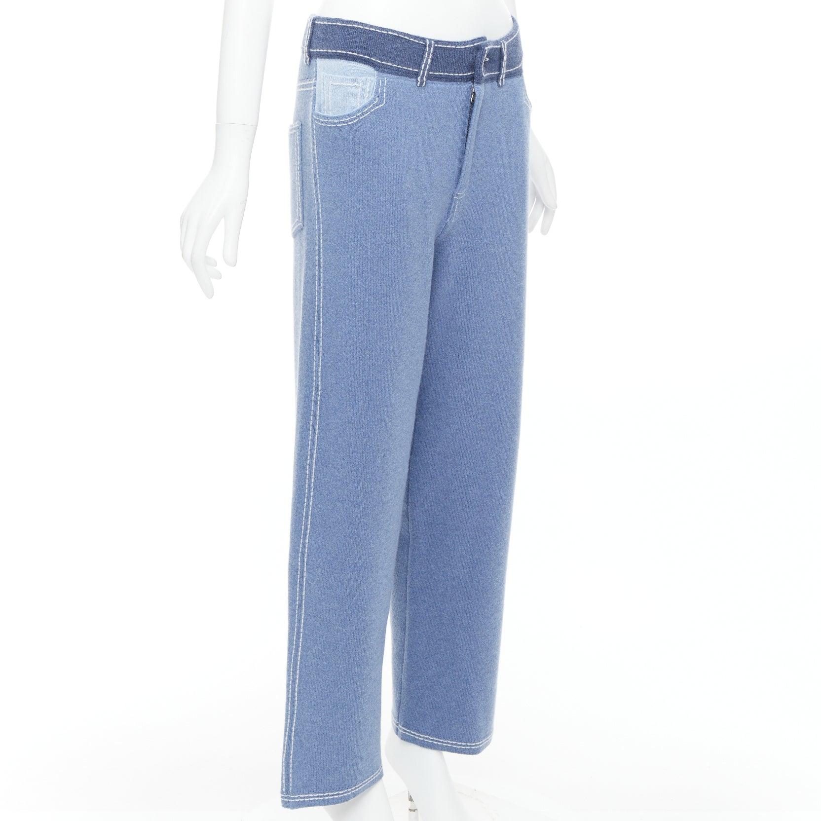 Purple BARRIE cashmere cotton blue trompe loeil white topstitch knitted pants M For Sale