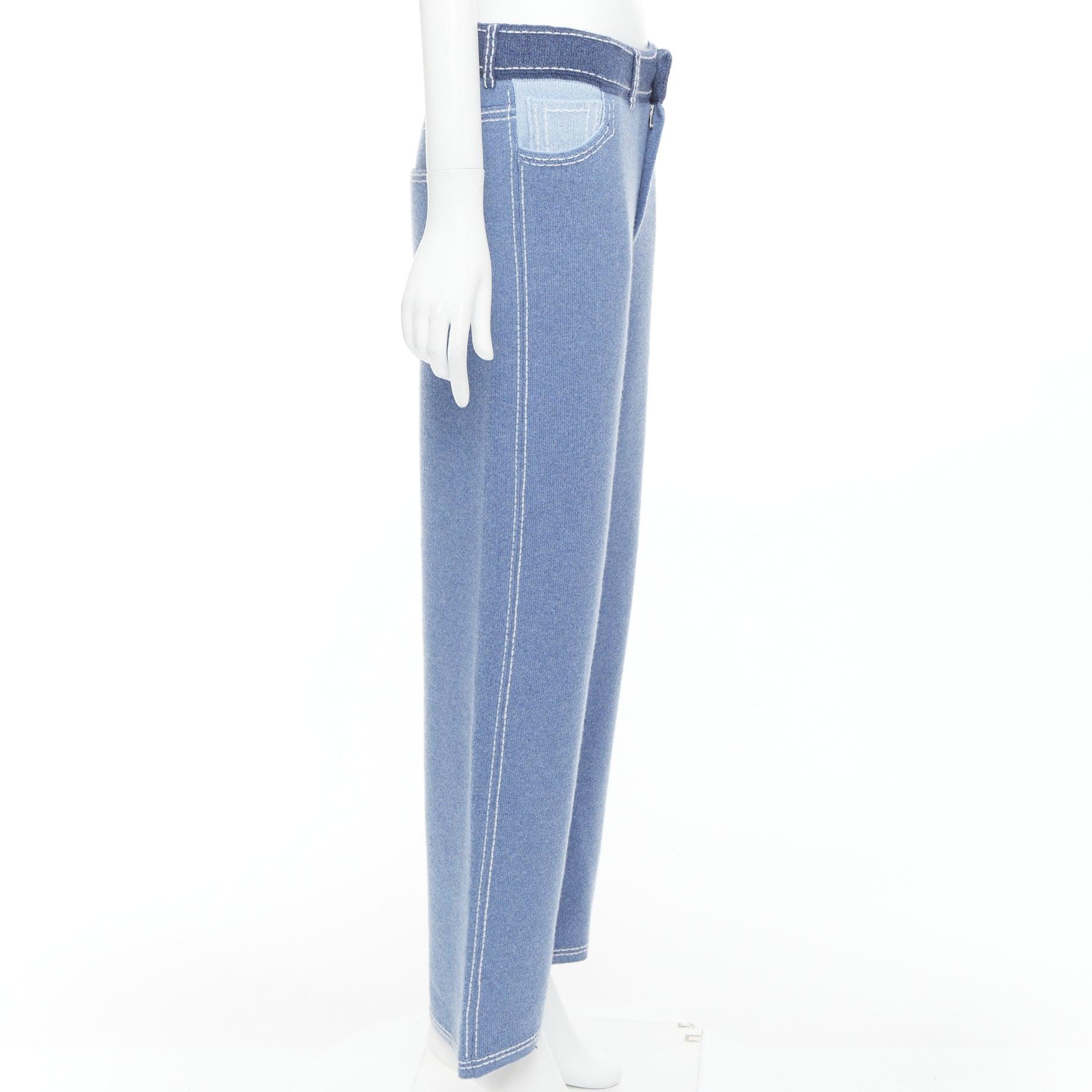 BARRIE cashmere cotton blue trompe loeil white topstitch knitted pants M In Excellent Condition For Sale In Hong Kong, NT