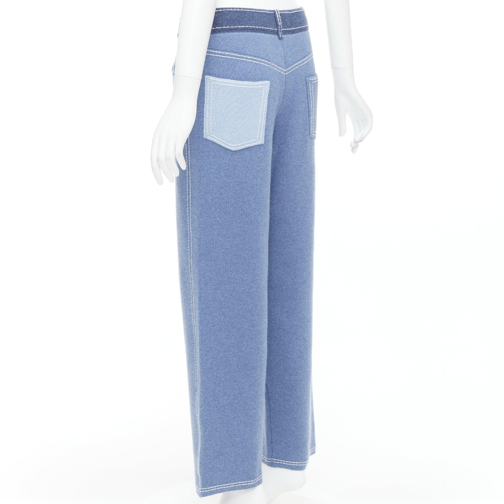 Women's BARRIE cashmere cotton blue trompe loeil white topstitch knitted pants M For Sale