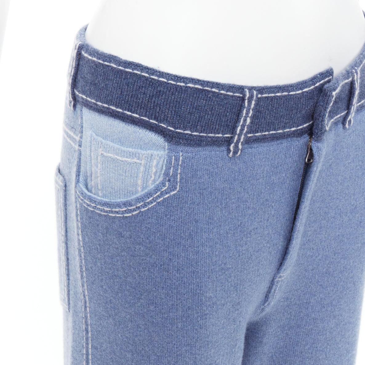 BARRIE cashmere cotton blue trompe loeil white topstitch knitted pants M For Sale 1