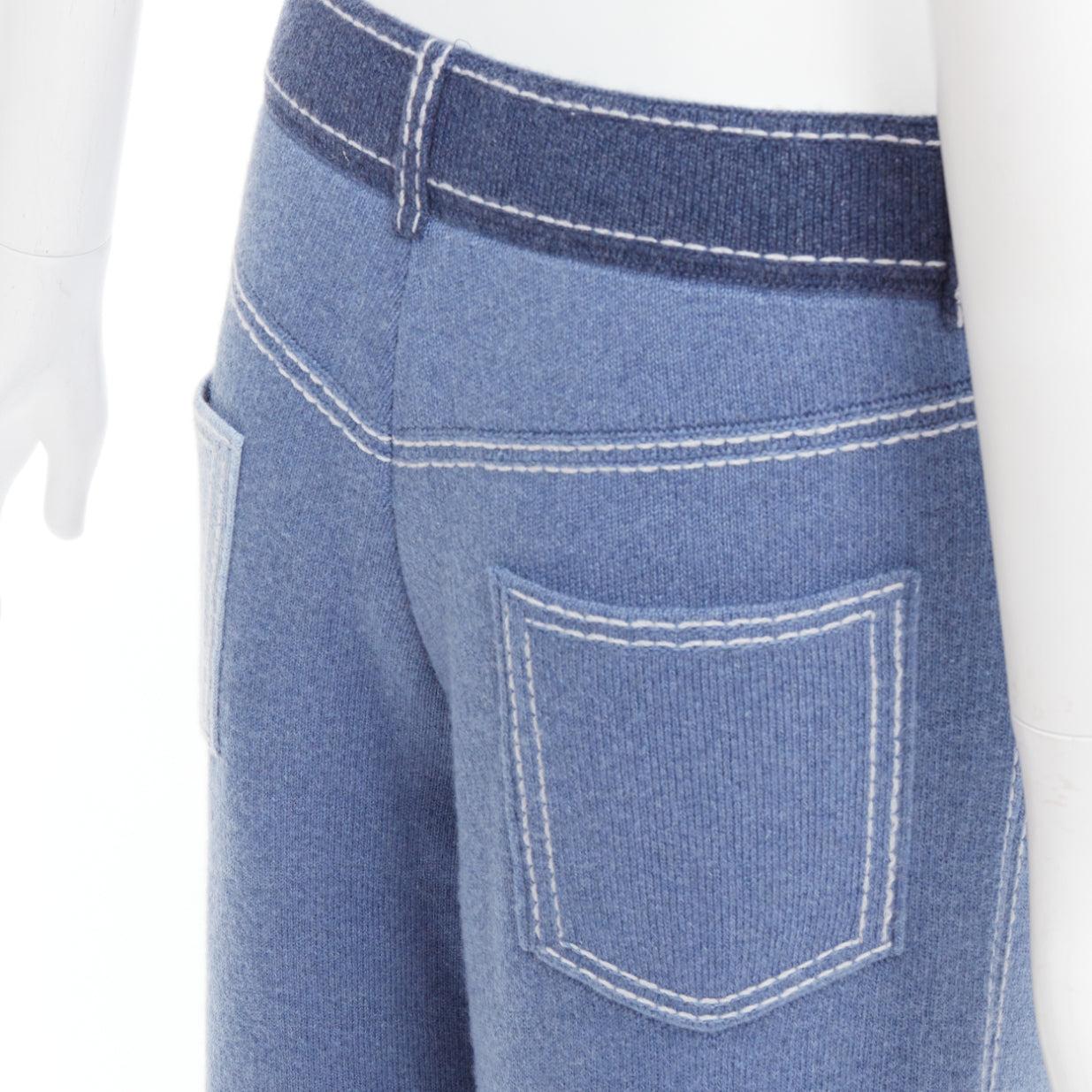 BARRIE cashmere cotton blue trompe loeil white topstitch knitted pants M For Sale 2