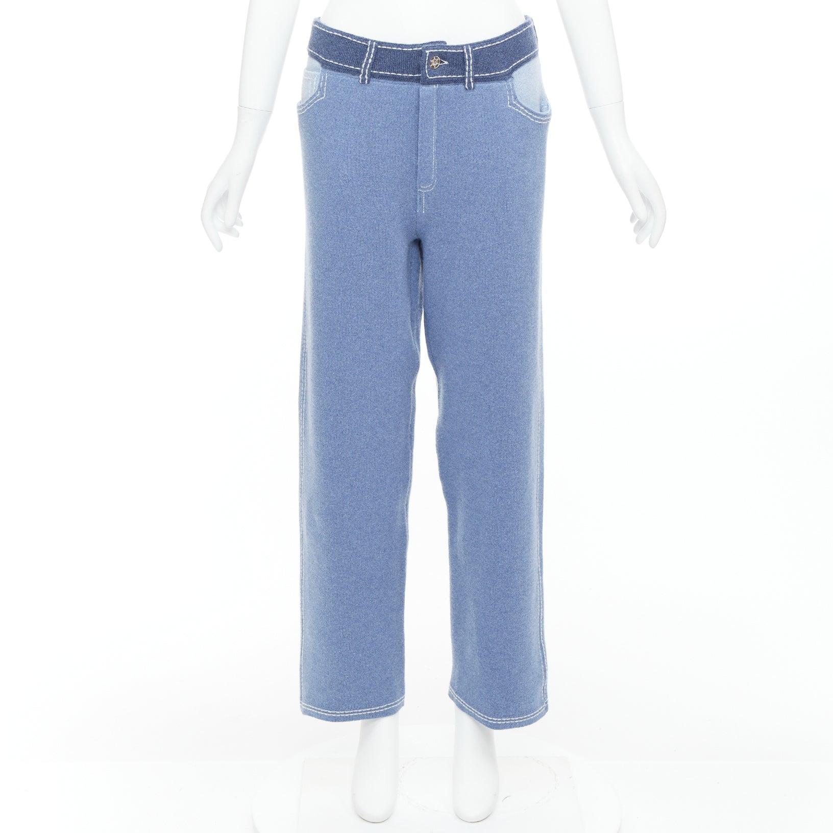 BARRIE cashmere cotton blue trompe loeil white topstitch knitted pants M For Sale 4