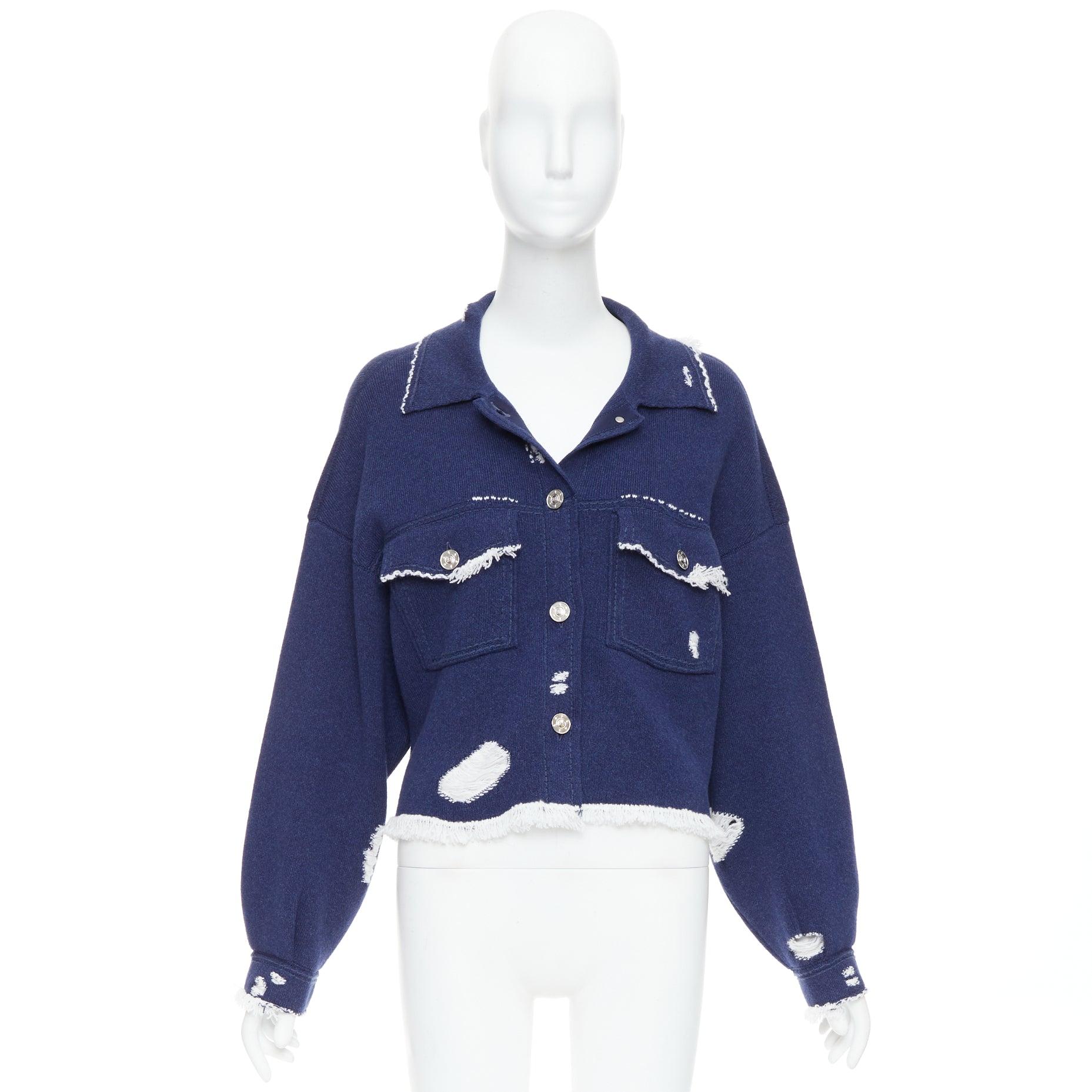 BARRIE navy cashmere cotton distressed trompe loeil knit jacket L 5