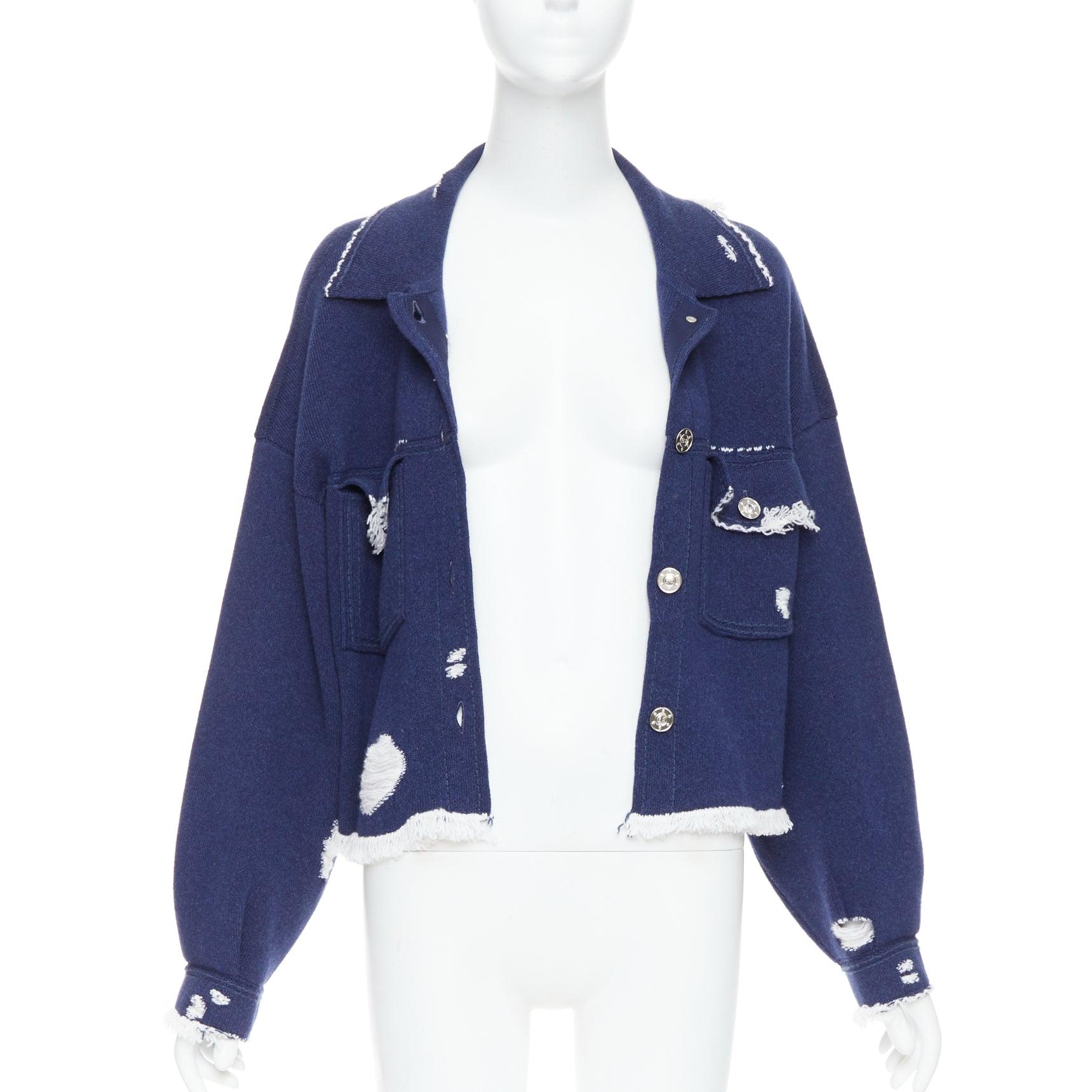 Purple BARRIE navy cashmere cotton distressed trompe loeil knit jacket L