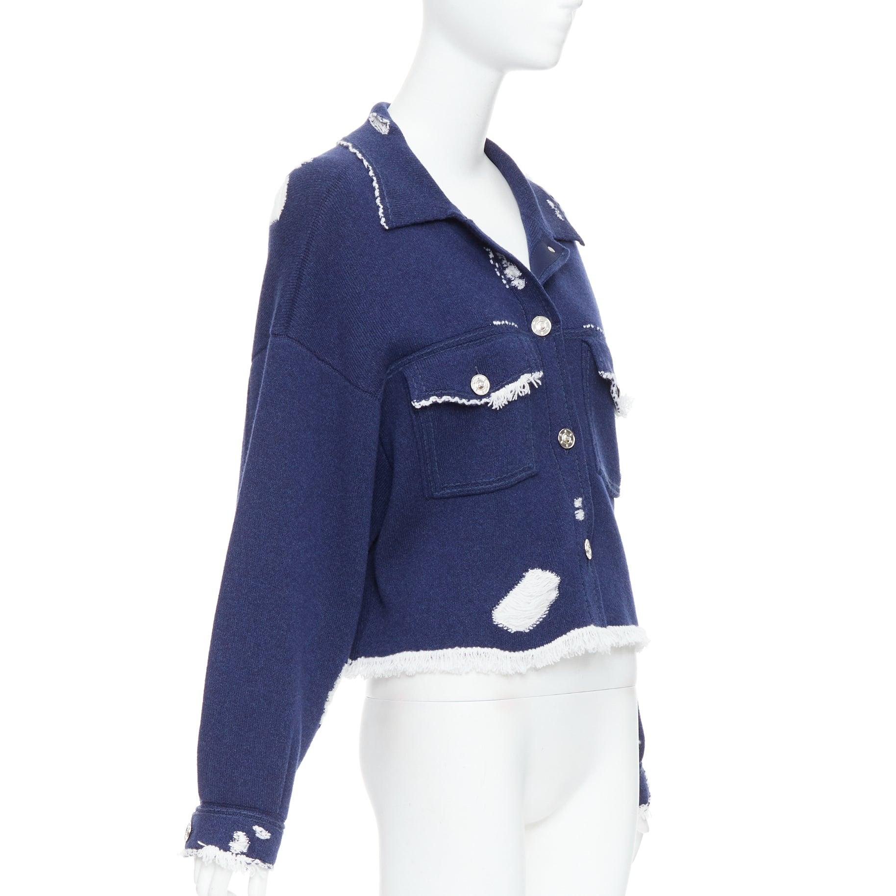 BARRIE navy cashmere cotton distressed trompe loeil knit jacket L In Excellent Condition In Hong Kong, NT