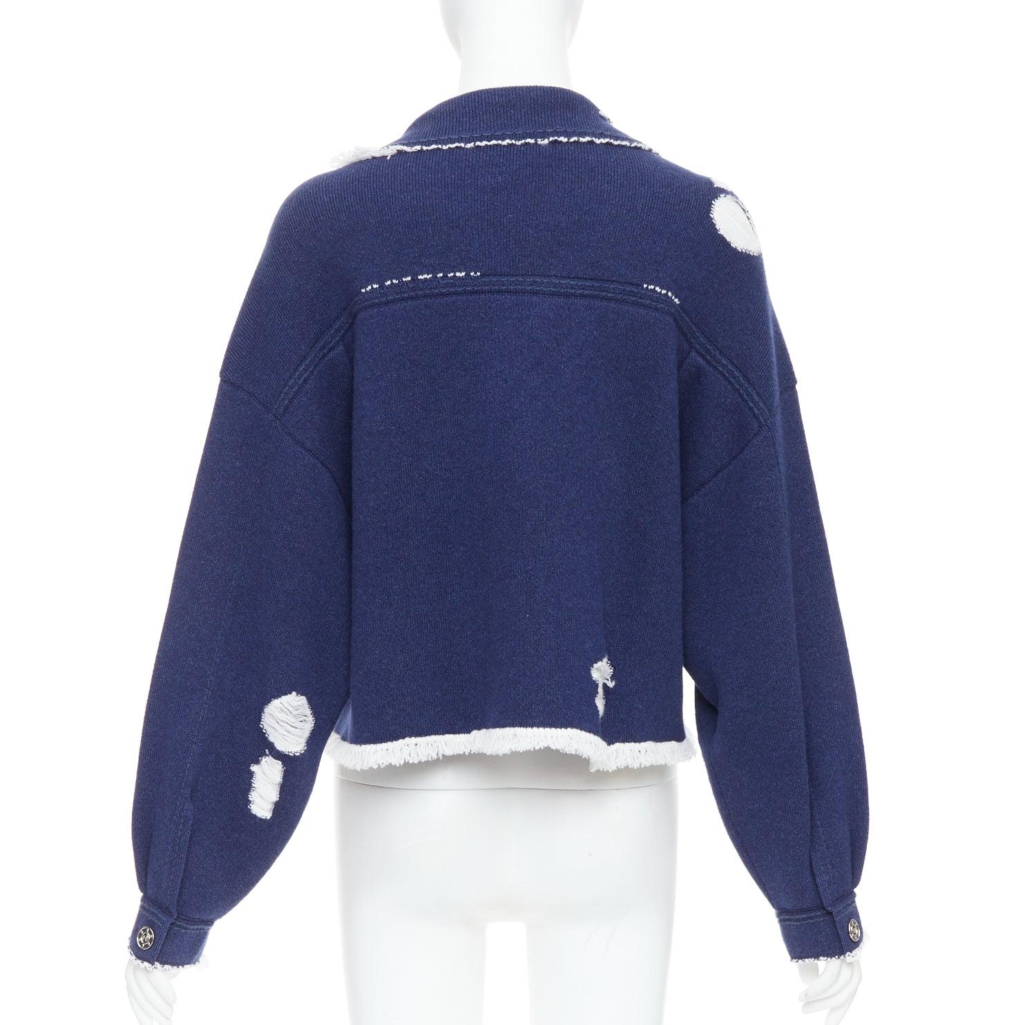 BARRIE navy cashmere cotton distressed trompe loeil knit jacket L 1