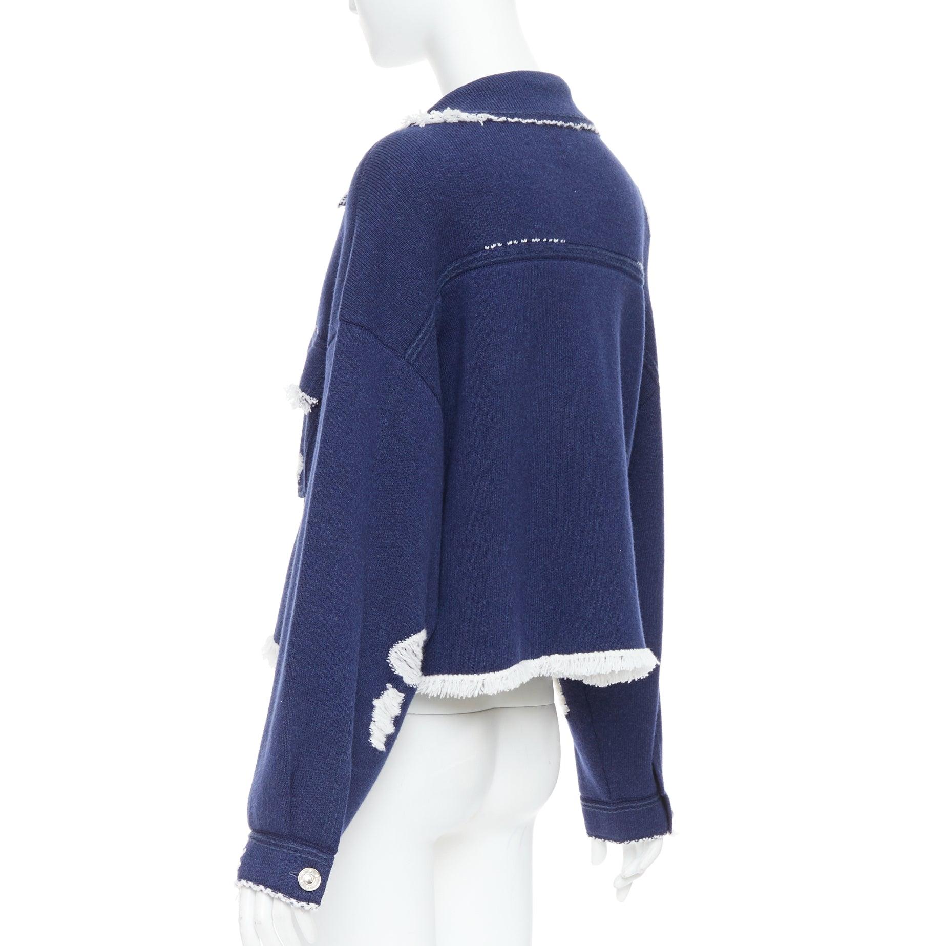 BARRIE navy cashmere cotton distressed trompe loeil knit jacket L 2