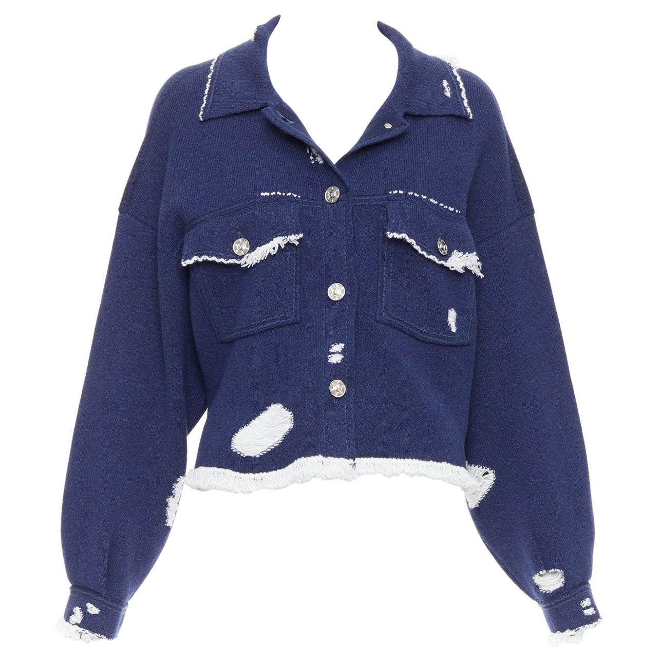 BARRIE navy cashmere cotton distressed trompe loeil knit jacket L