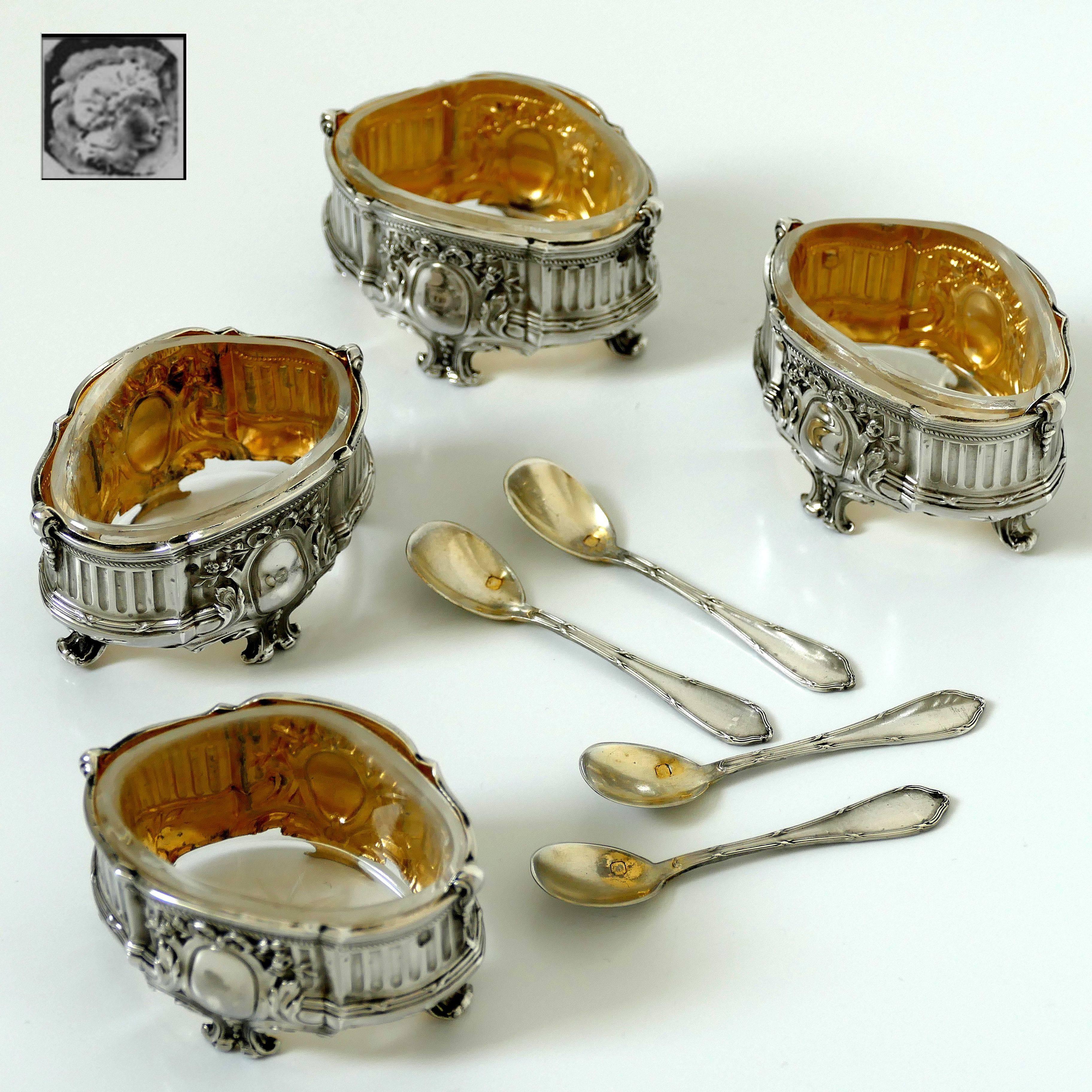 Neoclassical Barrier French Sterling Silver 18-Karat Gold Four Salt Cellars, Spoons, Box