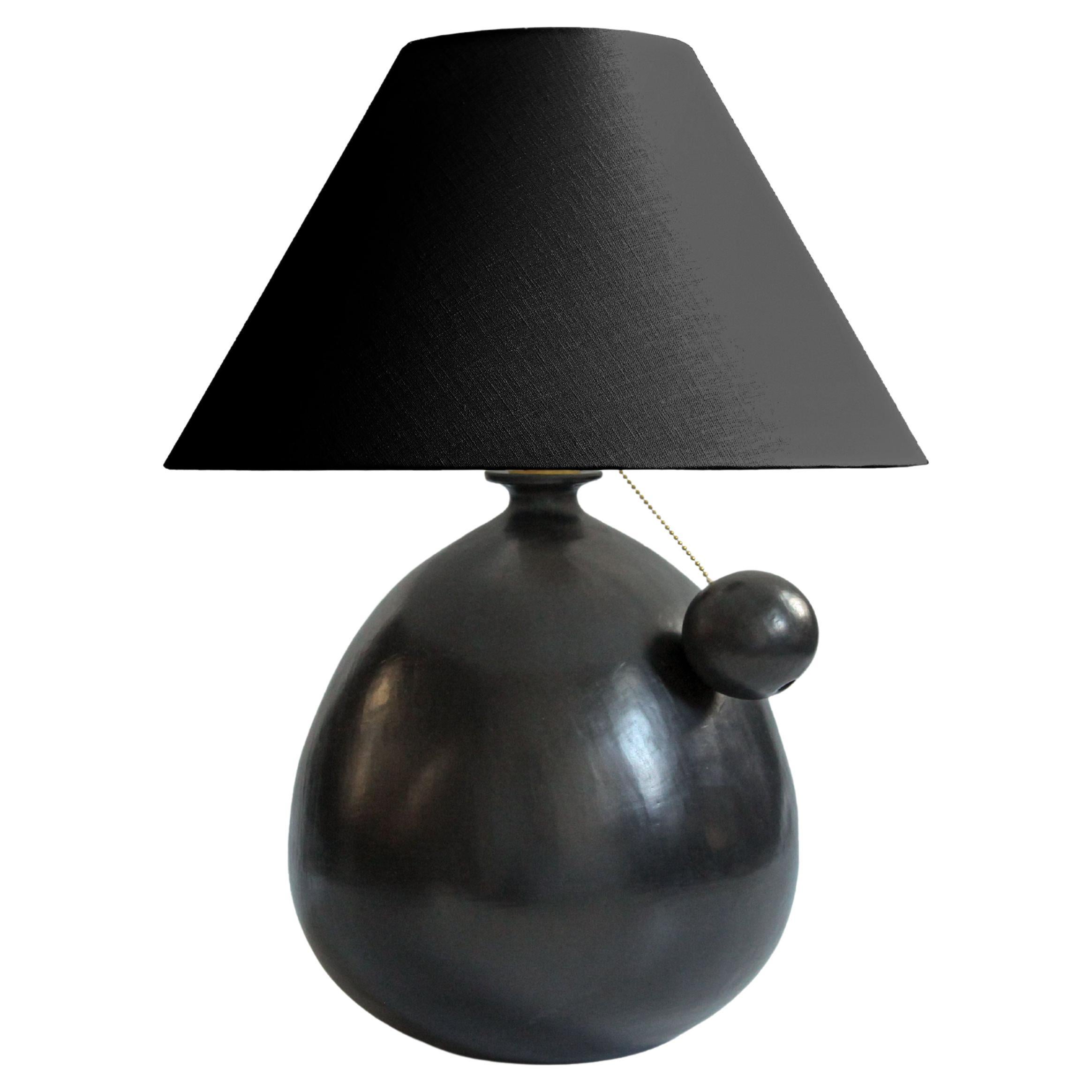 Barro Negro Table Lamp w/ Black Linen Shade and Ball Pull For Sale