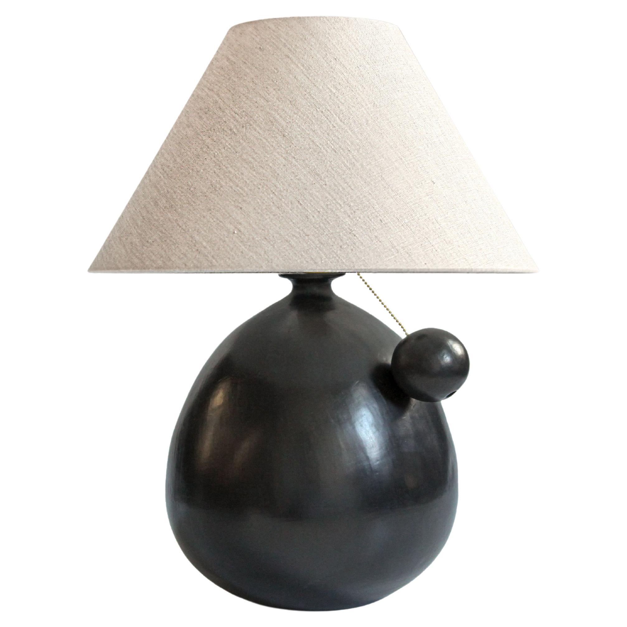 Barro Negro Table Lamp w/ Oatmeal Linen Shade and Ball Pull For Sale