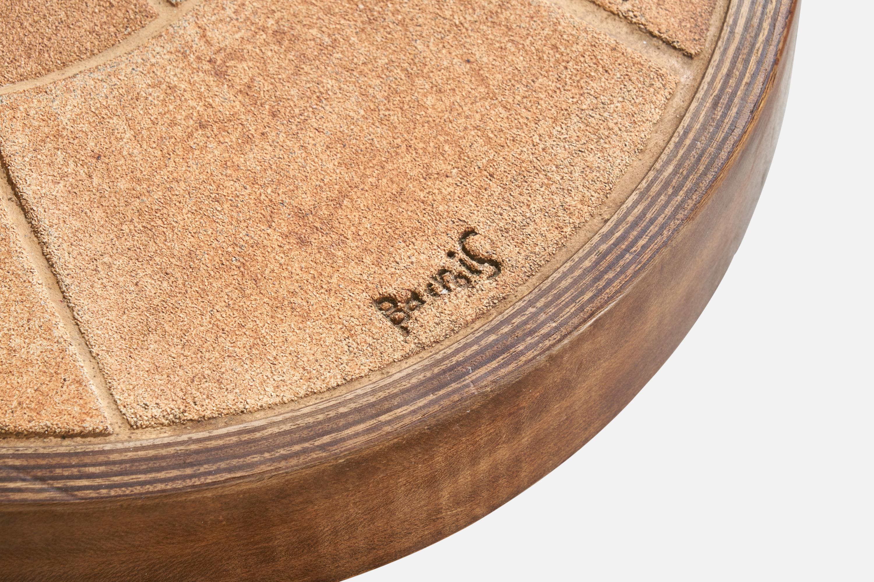 Français Table basse Barrois Vallouris, chêne, céramique, France, années 1960